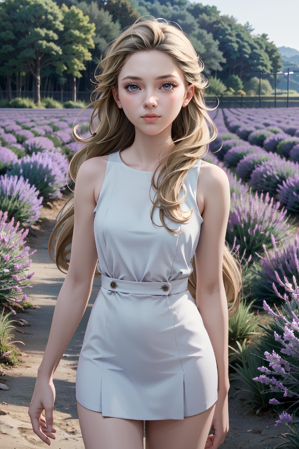 ((ultra detailed, masterpiece, absurdres)) <lora:DBHChloe:0.8>DBHChloe, 1girl, long hair, blonde hair, lavender field, midday, bright and vibrant with a sea of purple blooms