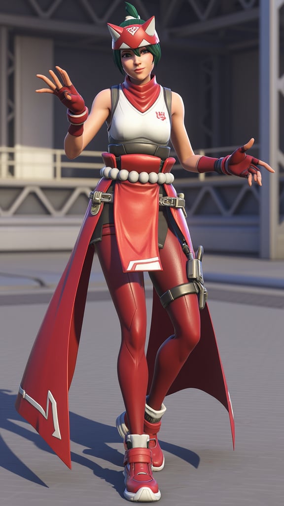 Kiriko a young girl character in the Overwatch video game series is depicted. She stands confidently in a dynamic pose with her right leg slightly forward and her left arm bent at the elbow fingers splayed as if she's about to make a gesture. She wears a vibrant red outfit with white and black accents. Her hair is styled in a short bob and adorned with a red and white headband. Her outfit includes a white sleeveless top with a high collar and a red scarf tied around her neck. A long flowing red cape drapes over her shoulders and down her back adding a sense of movement and dynamism to her appearance. She also wears red fingerless gloves, pants with a sleek, fitted design and high red boots with white accents. The background features an industrial setting with metallic structures and pipes suggesting a futuristic or sci-fi environment. The ground appears to be a metallic surface with a grid pattern. The overall color palette is dominated by shades of red white and black complemented by the cool tones of the metallic structures in the background. The image has a high level of detail and vibrancy typical of high-quality digital art, <lora:kiriko-overwatch-2-v3:1>