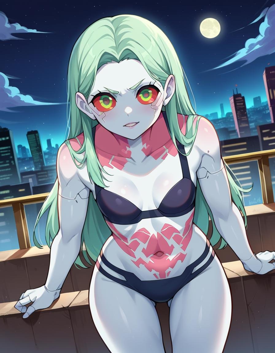 score_9, score_8_up, score_7_up, source_anime,cyberpunkrebecca, <lora:cyberpunk-rebecca-ponyxl-lora-nochekaiser:1>,rebecca, long hair, green eyes, green hair, colored skin, colored sclera, white skin, red sclera, artificial eye, mechanical eye, cyborg, red pupils, small breasts,underwear, bra, black bra, stomach tattoo, neck tattoo,outdoors, cityscape, night, moon, bent over,looking at viewer, dutch angle, cowboy shot,