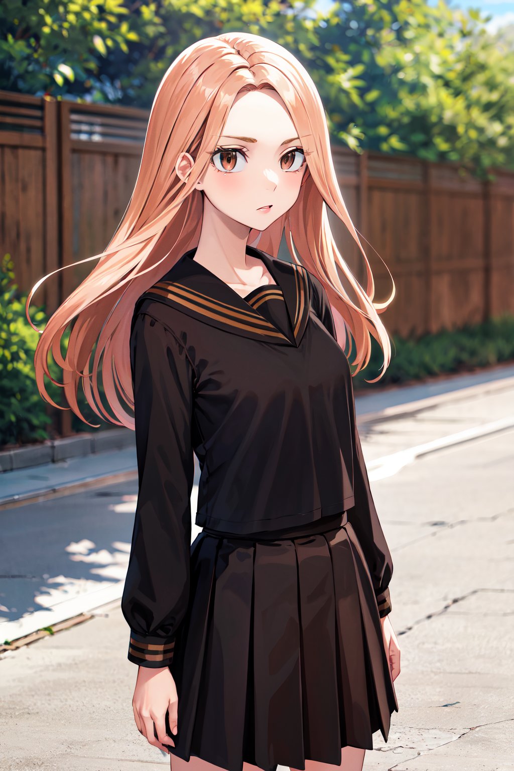 masterpiece, best quality, highres, 1girl, solo, long hair, brown hair, brown eyes, school uniform, black serafuku, black sailor collar, (black shirt:1.2), long sleeves, pleated skirt, black skirt, <lora:shiba_yuzuha_v1:0.7>, standing, cowboy shot, outdoors