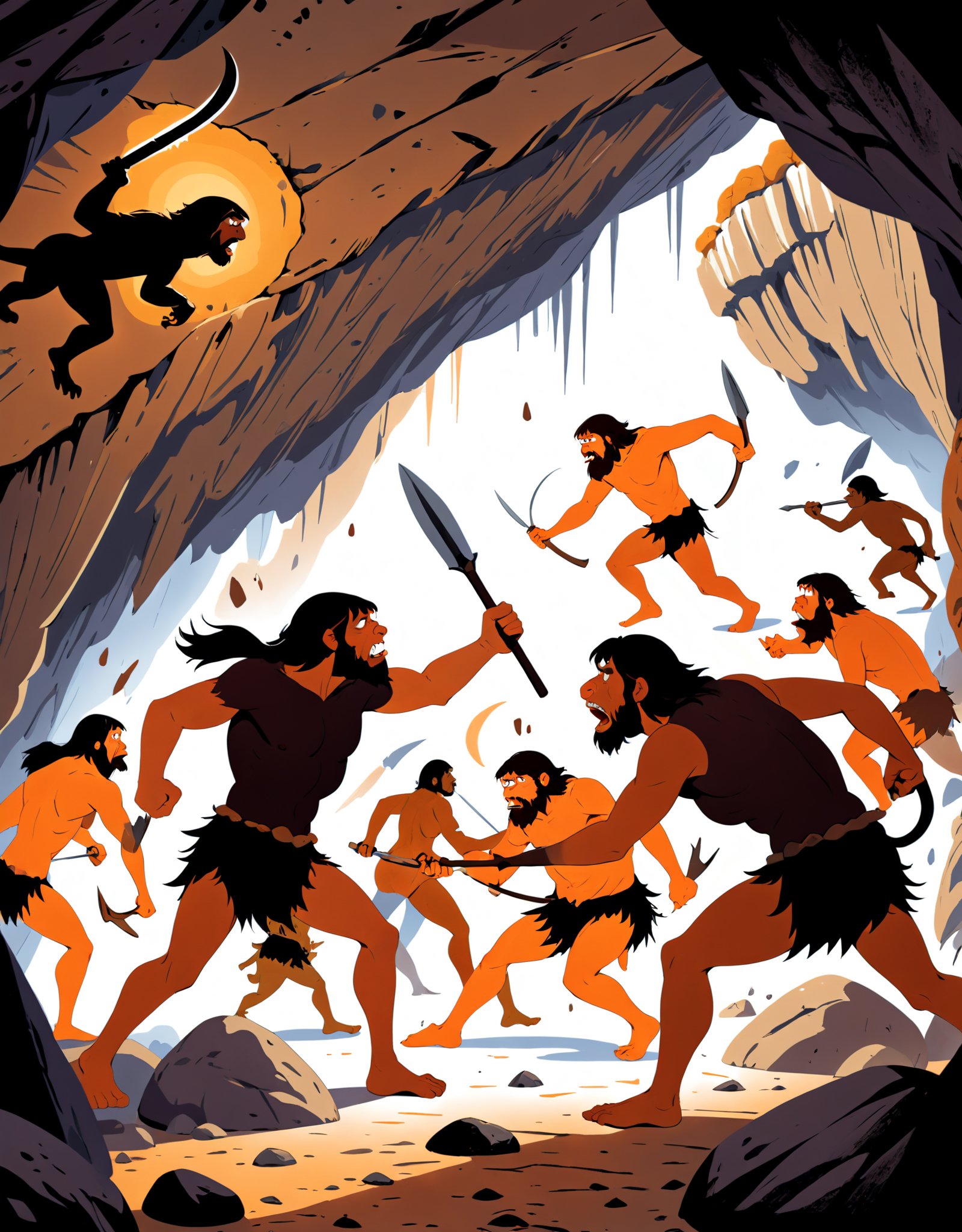 Illustration of Homo sapiens attacking Neanderthals in a prehistoric cave, with Homo sapiens wielding weapons and Neanderthals defending themselves with rocks, set against a backdrop of primitive cave paintings depicting daily life and hunting scenes.