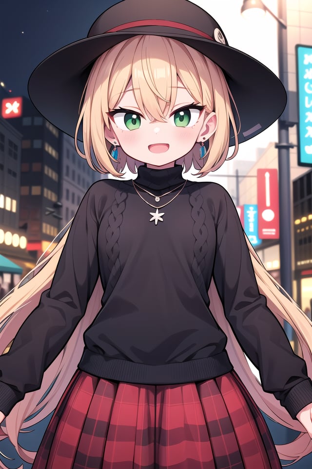 insanely detailed, absurdres, ultra-highres, ultra-detailed, best quality,1girl, solo, nice hands, perfect handsBREAK(black theme:1.4), (fit body:1.3), (tight long sleeve and turtleneck (black sweater):1.4), (black heeled boots with lace-up:1.1),BREAK(black and red theme:1.3), ((red) high-waisted ((maxi length skirt, very long A line skirt):1.2) with [plaid pattern]:1.4), ((black) bucket hat with wide brim:1.4),BREAK((earrings, necklace):1.2),(naked skin:-1), (mini skirt:-1), (legs:-1), (straw hat:-1), (red hat:-1), (green hat:-1), (white sweater:-1), (slit:-1), (belt:-1), (multiple necklaces:-1), (navel:-1), (waist:-1), (cleavage:-1.5)BREAKhappy smile, laugh, open mouthBREAK(45 angle:-1.5), (from side:-1.5),standing, cowboy shot, looking at viewerBREAKslender, kawaii, perfect symmetrical face, ultra cute girl, ultra cute face, ultra detailed eyes, ultra detailed hair, ultra cute, ultra beautifulBREAKin street, cityscape in tokyo, depth of field, ultra detailed backgroundBREAKmedium large breastsBREAK(orange hair, green eyes), short hair, hair between eyes