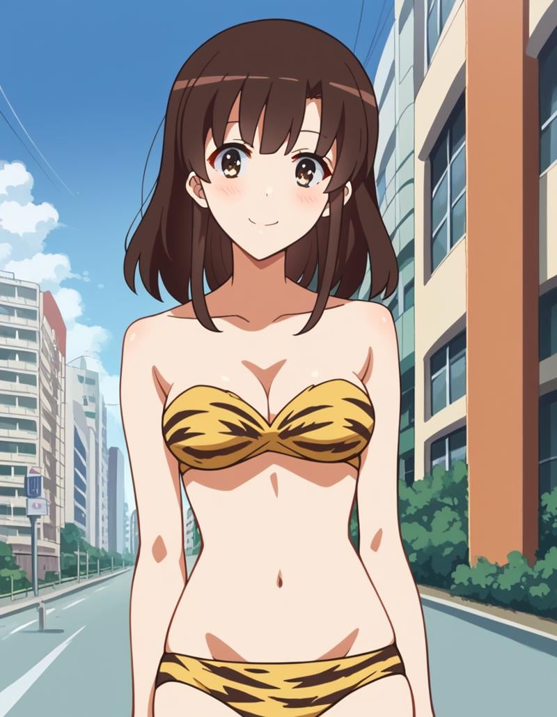 score_9, score_8_up, score_7_up, source_anime, <lora:megumi-katou-s2-ponyxl-lora-nochekaiser:1>, megumi katou, brown hair, brown eyes, medium breasts,, <lora:lum-cosplay-ponyxl-lora-nochekaiser:1>, lumcosplay, navel, cleavage, swimsuit, bikini, strapless, animal print, yellow bikini, tiger print, strapless bikini,, outdoors, cityscape, street, smile, blush,, , cowboy shot, dutch angle