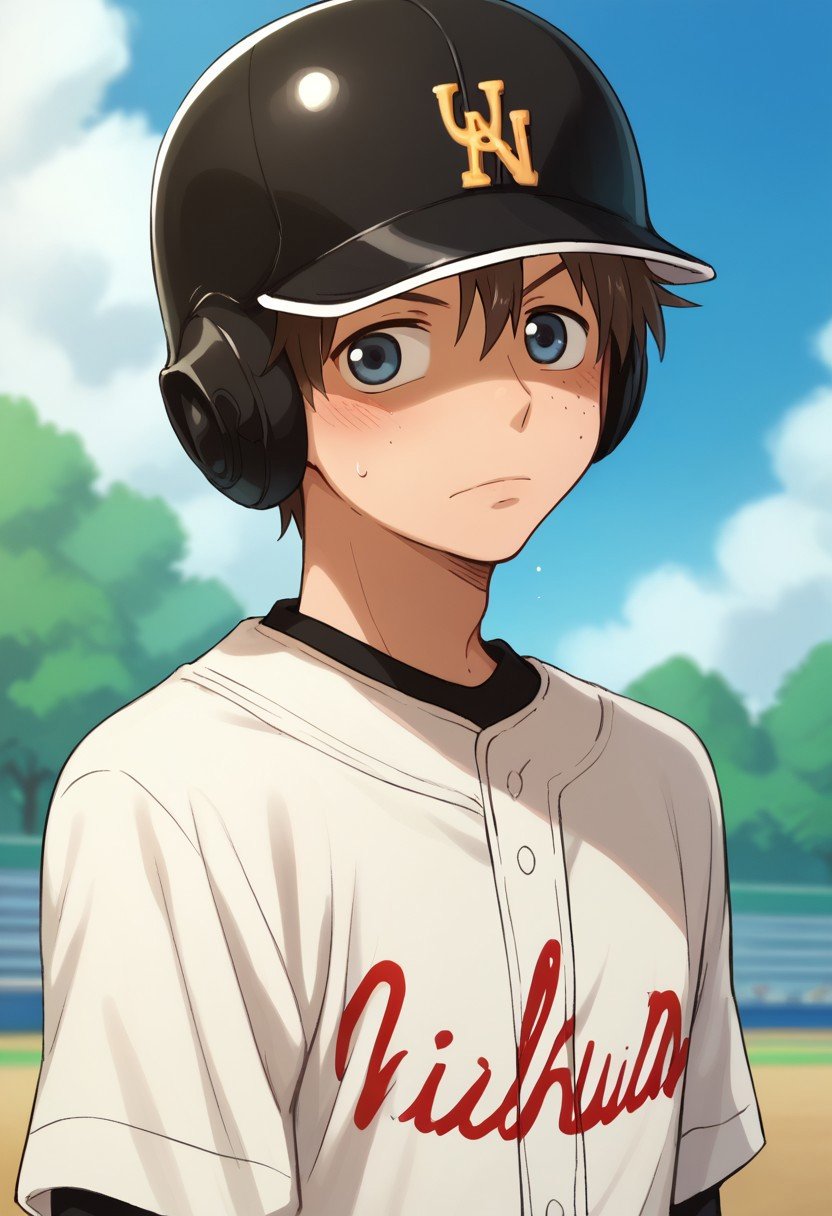 score_9, score_8_up, score_7_up, source_anime, highly detailed, kosuke, 1boy, male focus, helmet, solo, brown hair, blue eyes, outdoors, baseball uniform, sportswear,blush, day, sky, freckle, upper body,