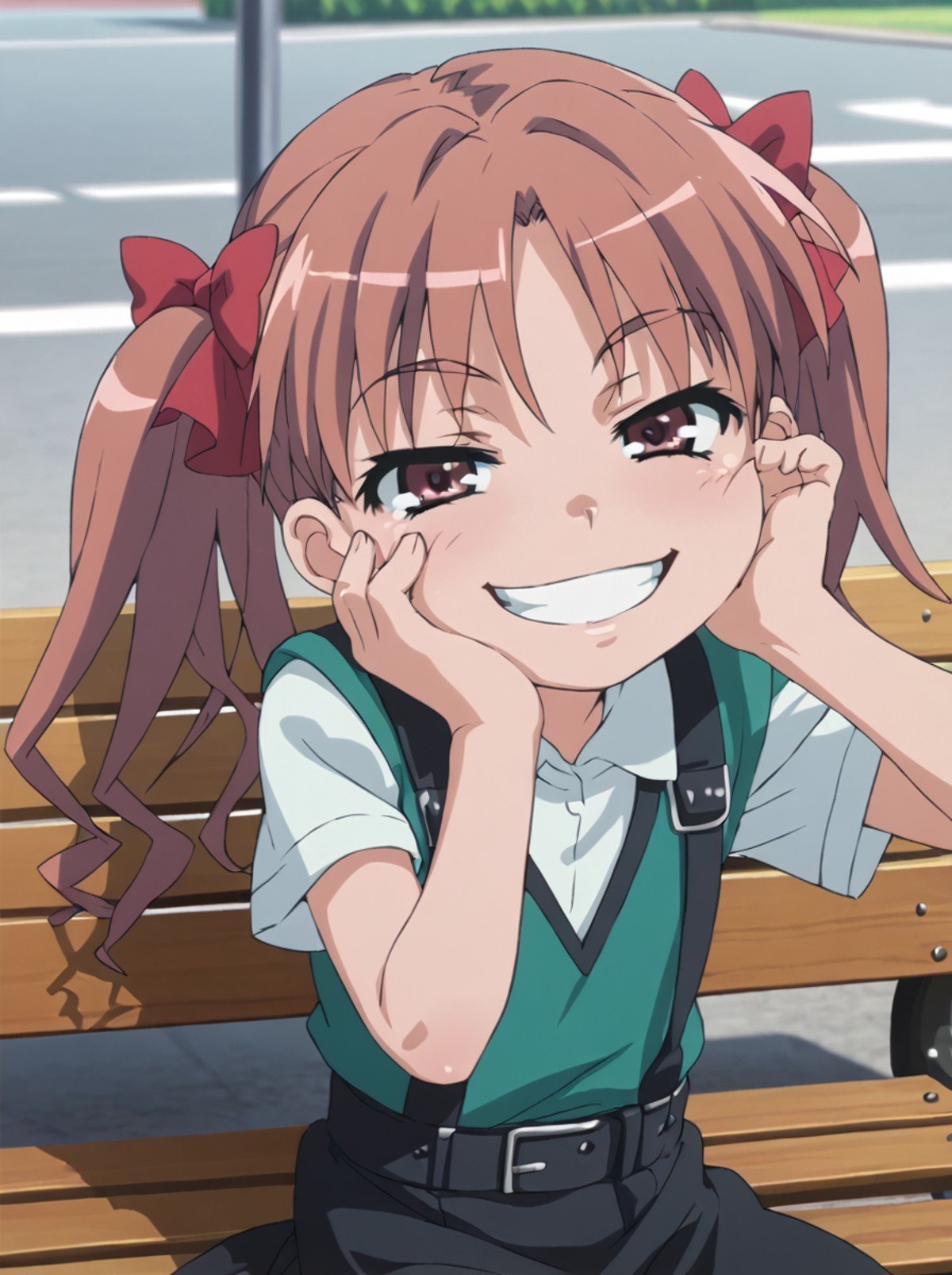 score 9, score 8 up, score 7 up, detailed background, shiny skin,<lora:kuroko.pony:1>,kuroko, kid, skirts, suspenders, belts, street, happy, bench, sit, hands on cheek, half-closed eyes, grin, meme, 