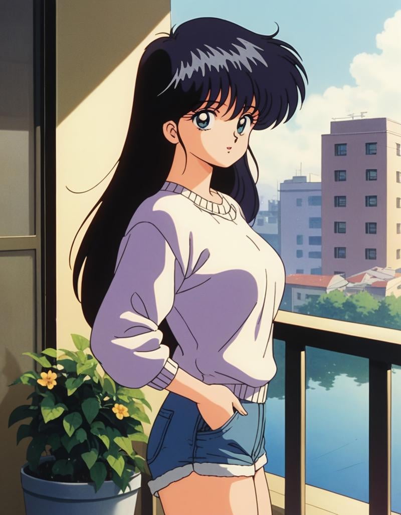 score_9, score_8_up, score_7_up,score_6_up,high resolution,source_anime,mdk,1girl,retro,solo,black hair,long hair,sweater,shorts,sunny,on balcony,looking at viewer,volumetric lighting,depth of field,cloe-up,from side,holding sax