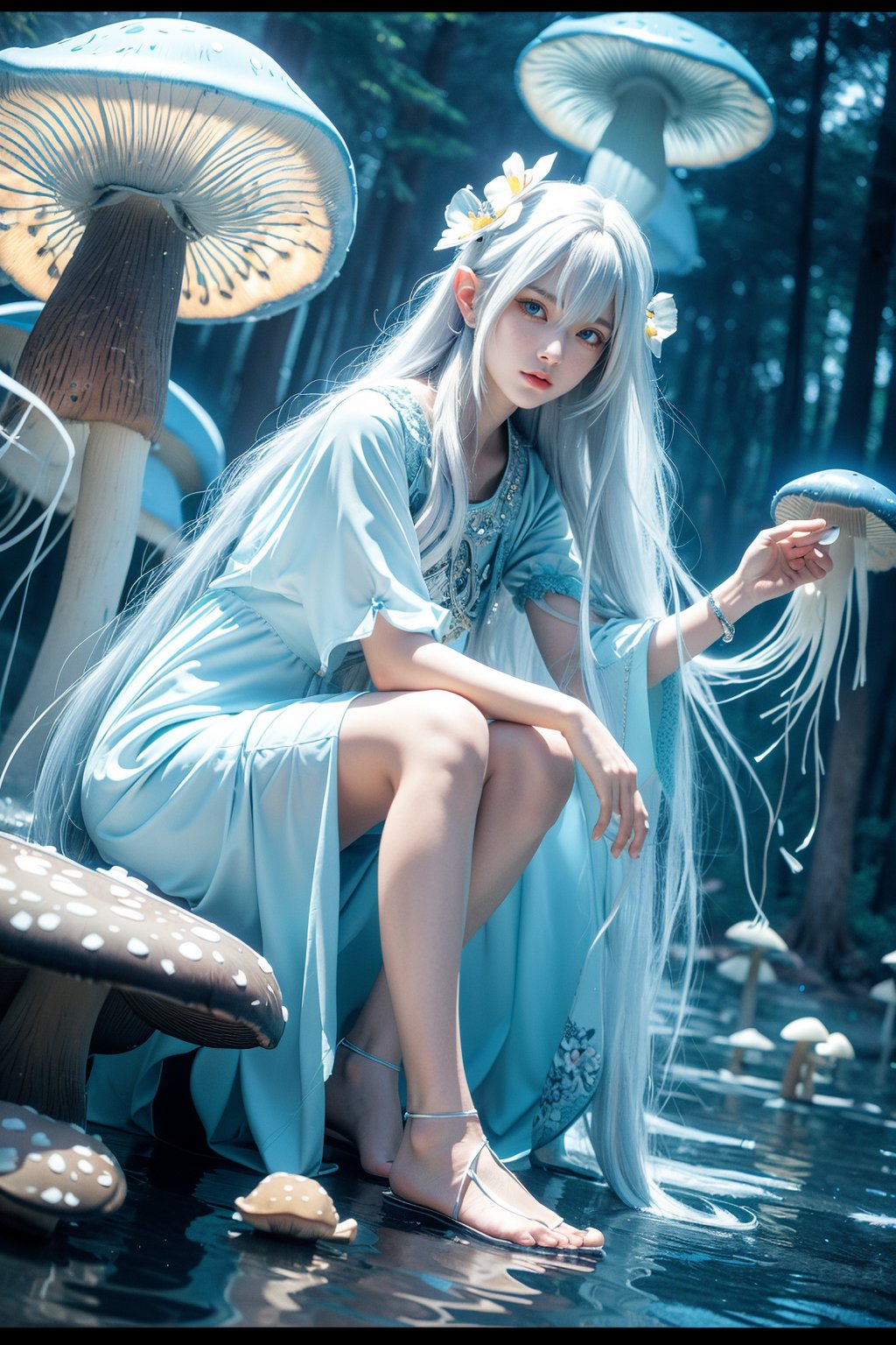 (masterpiece),(best quality),(ultra-detailed),illustration,Dynamic angle,1girl,long hair,blue eyes,solo,sitting,(mushroom:1.2),white hair,flower,(blue jellyfish:1.2),looking at viewer,bangs,hair ornament,dress,forest,tree,water,hair flower,pointy ears,very long hair,sandals,full body,short sleeve,