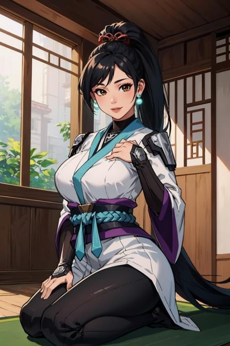 masterpiece, best quality, 1girl,  <lora:valorantsage-nvwls-v1-000009:0.9> valorantSage, ponytail, earrings, white robes, bridal gauntlets, sash, black pants, large breasts, seiza, indoors, bamboo mat, east asian architecture, smile, looking at viewer