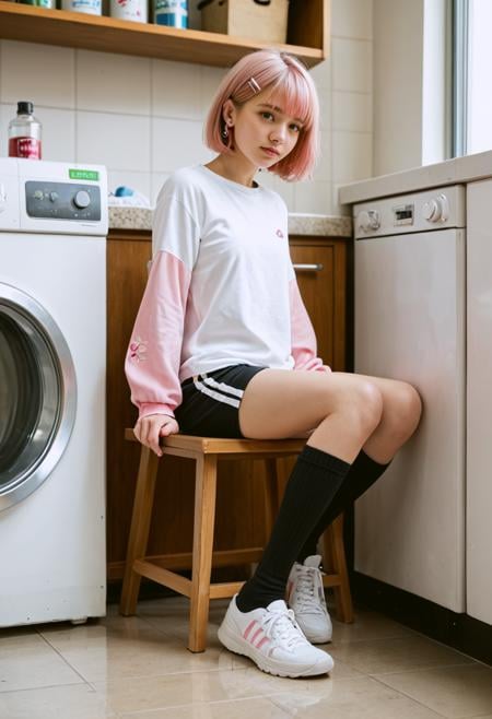 score_9,score_8_up,score_7_up,score_6_up BREAK source_real,raw,photo,realistic BREAK 1girl,solo,shoes,black socks,washing machine,socks,indoors,hair ornament,shirt,hairclip,shelf,pink hair,long sleeves,sitting,tiles,layered sleeves,chair,short sleeves,jewelry,short hair,looking at viewer,white footwear,bottle,sneakers,standing on one leg,short over long sleeves,standing,holding,tile floor,shorts,earrings,hand fan,full body,