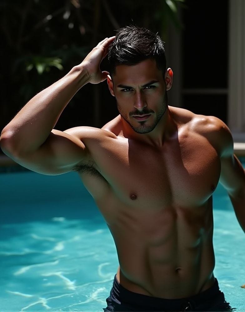 Dark Moody Atmosphere,  danny amendola ,  emerging from a swimming pool by HottiesnHotties on Tensor.Art