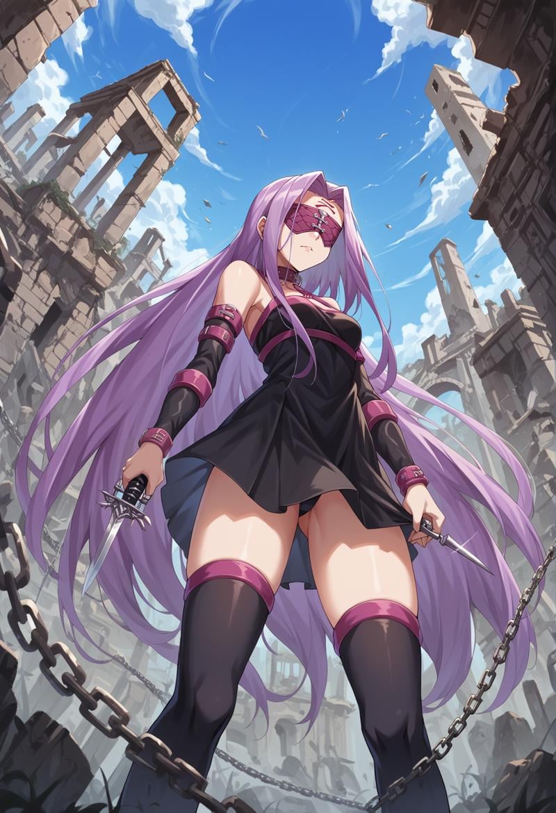 1girl, purple hair, absurdly long hair, forehead mark, purple eyes, animal collar, short dress, skirt, detached sleeves, arm belt, bracelet, thighhighs, blindfold, holding dagger, chain, from below, outdoors, ruins  <lora:Meduseless:1>, score_9, score_8_up, score_7_up, score_6_up, score_5_up, score_4_up, (m-da s-tarou:0), masterpiece