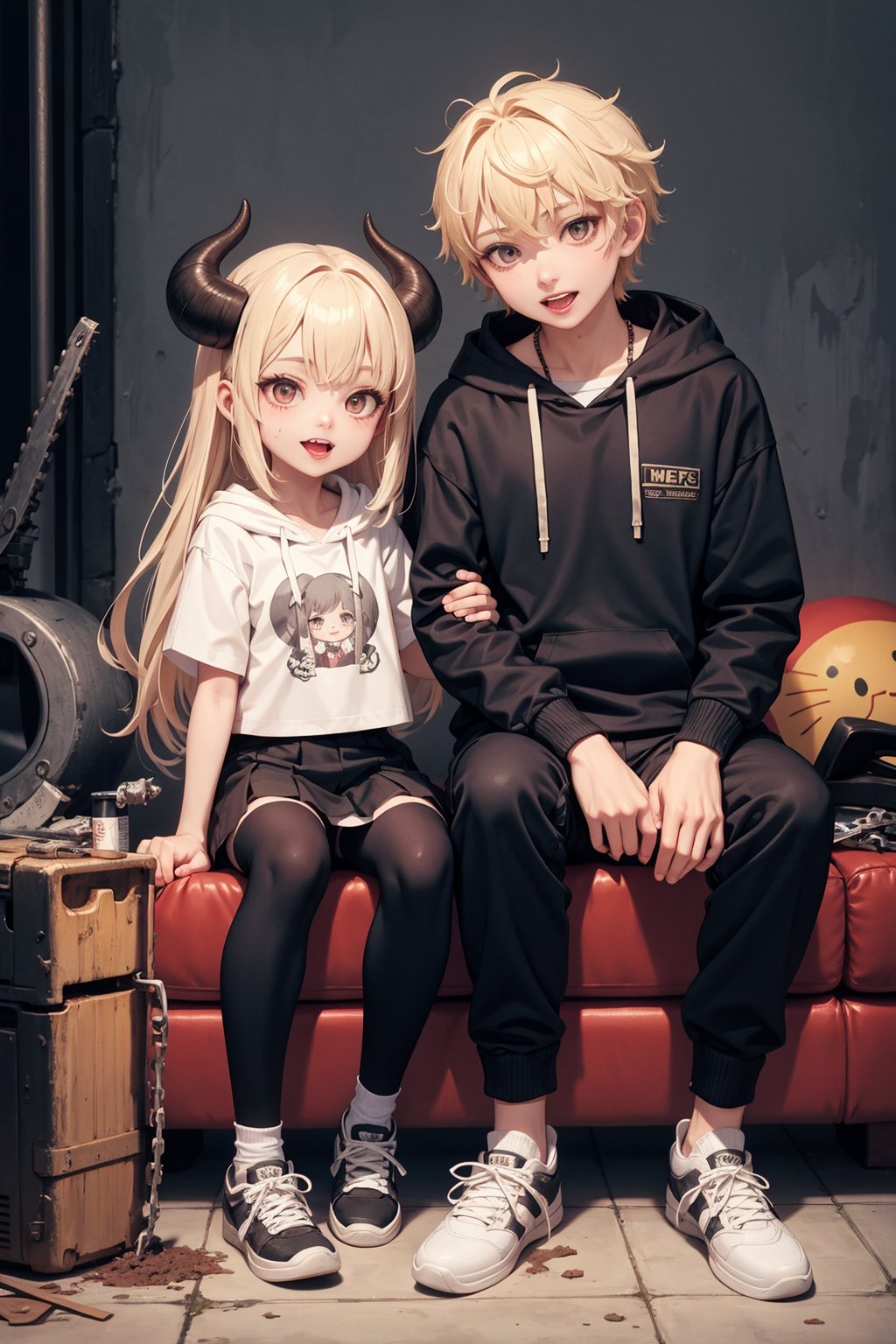 1boy,1girl,absurdres,adidas,arm_around_shoulder,blonde_hair,blue_pants,blue_skirt,brown_eyes,can,chainsaw_man,commentary,cropped_hoodie,denji_(chainsaw_man),drink_can,highres,holding,holding_can,hood,hoodie,horns,jeff_miga,miniskirt,open_mouth,pants,pepsi,power_(chainsaw_man),red_horns,red_socks,sharp_teeth,shoes,skirt,smile,sneakers,socks,soda_can,teeth,tongue,tongue_out,track_pants,v,best quality,masterpiece,(loli:1.5),(5yo:1.5),(very_long_hair,:1.3),