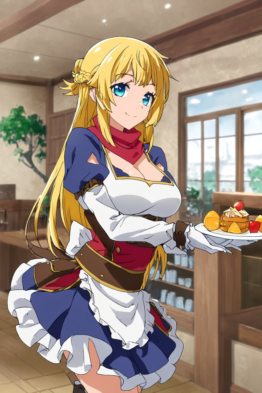 ritto, single hair bun, 1girl, solo, smile, apron, blue shirt, blue skirt, frilled apron, frills, gloves, head scarf, shirt, short sleeves, skirt, uniform, waist apron, waitress, white apron, white gloves, food, tray, food tray, indoors, restaurant, looking at viewer, dutch angle, cowboy shot,masterpiece, perfect face, best quality, beautiful girl, cute girl, beautiful eyes, shiny eyes, anime coloring, anime screencap, absurdres, award winning,<lora:ritto s1 asyncs 902:0.8>