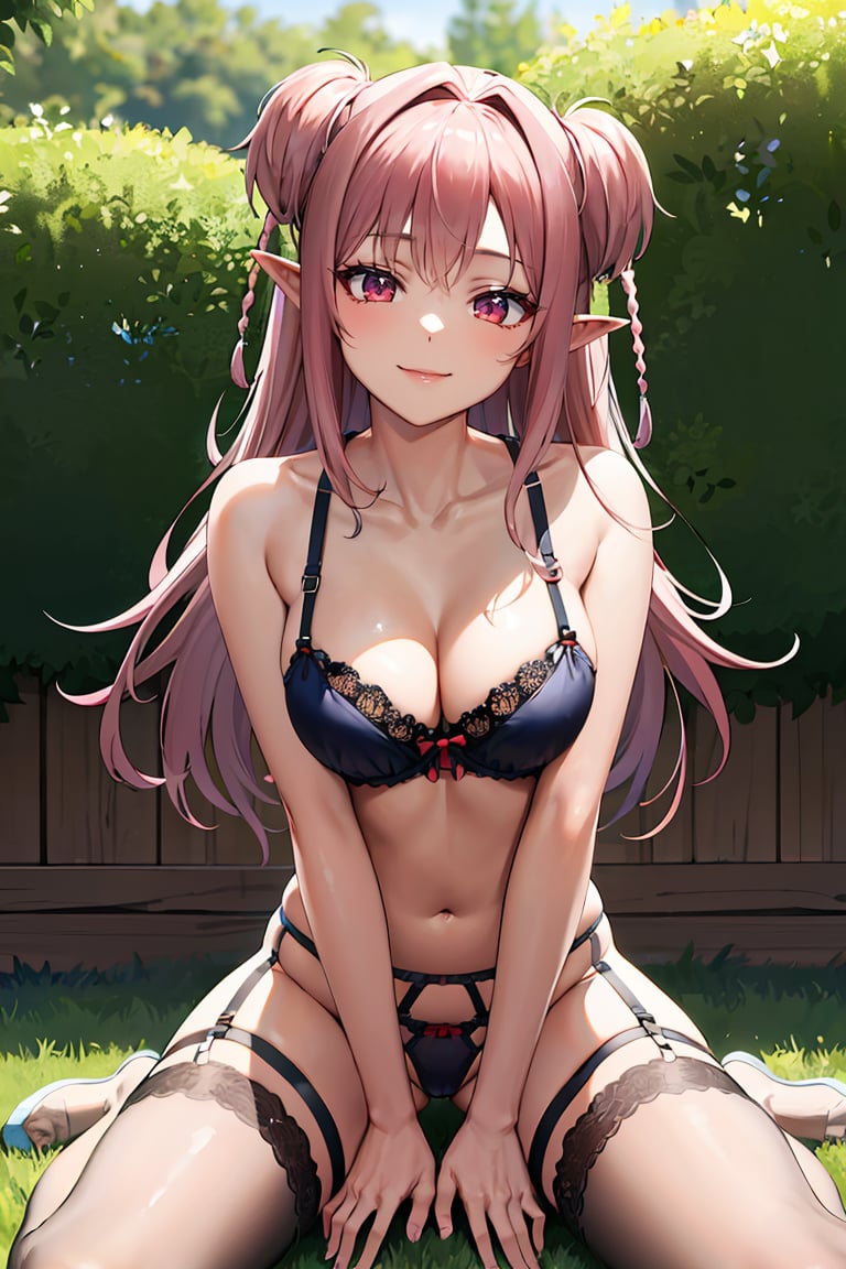 masterpiece, best quality, highres, ultra-detailed, glistening shiny, glowing light, ray tracing, HDR, deph of field, , (perfect face, detailed face), <lora:Twiska:0.8>, twiska, long hair, two side up, pointy ears, medium breasts, smile, lingerie, lace bra, thong, garter belt, garter straps, thighhighs, hands between legs, leaning forward, kneeling