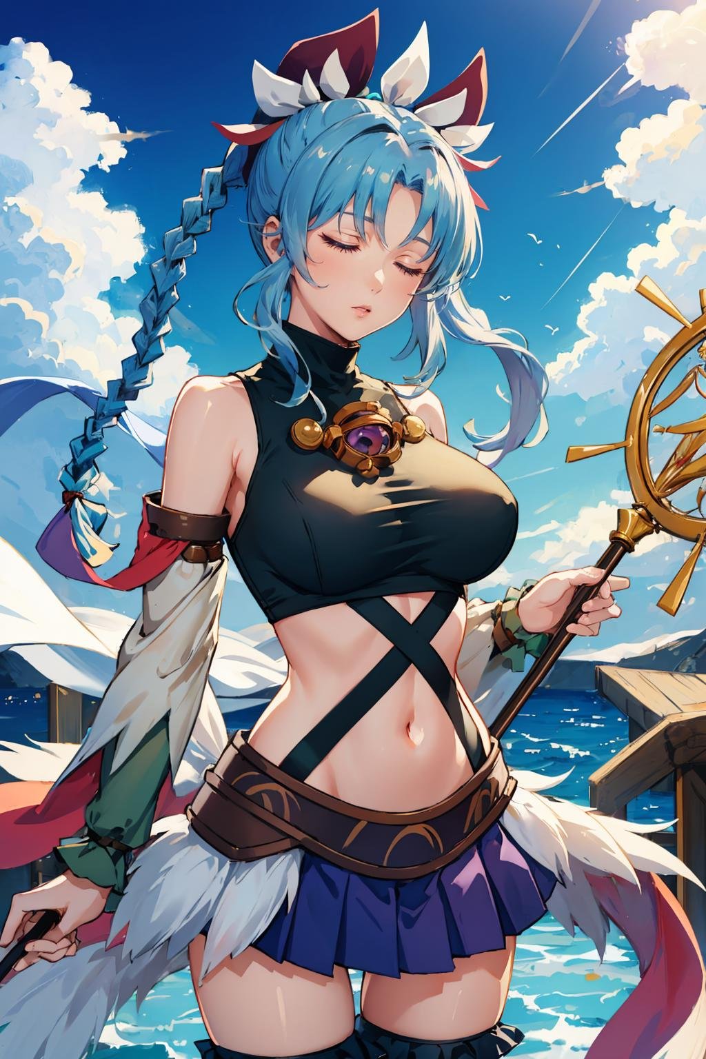 masterpiece, best quality,  <lora:mishera-nvwls-v1-000009:0.9> mishera, closed eyes, braid, hair ornament, hair ribbon, crop top, purple skirt, detached sleeves, green thighhighs, holding staff, sky, clouds, large breasts