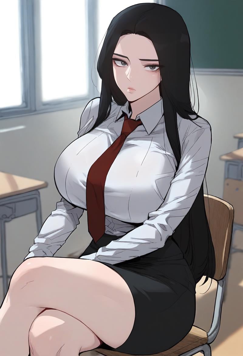 score_9, score_8_up, score_7_up, score_6_up, source_anime, rating_explicit, 1girl, (solo:1.1), huge breasts,<lora:Baek Suzy prefectPonyxl:0.9> black hair, long hair, grey eyes, black eyes, white shirt, red necktie, collared shirt, long sleeves, miniskirt, black skirt, pencil skirt, expressionless, classroom, indoors, looking at viewer, on chair, sitting, crossed legs, close-up