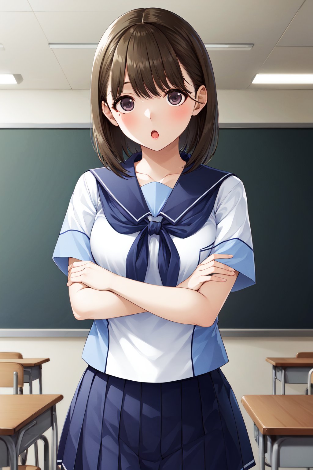 masterpiece, best quality, highres, aanene, short hair, serafuku, white shirt, short sleeves, sailor collar, blue neckerchief, pleated skirt, blue skirt, <lora:anegasaki_nene_v1:0.7>, crossed arms, :o, classroom, standing, cowboy shot, 