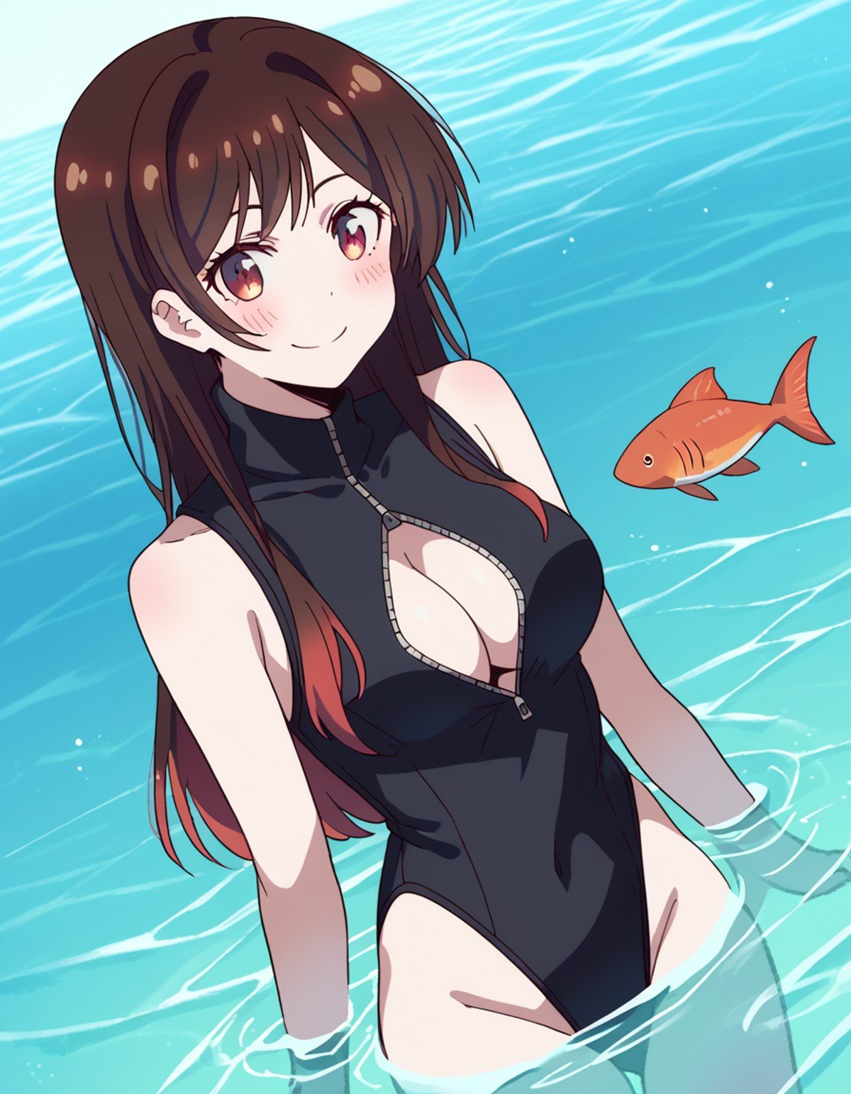 score_9, score_8_up, score_7_up, source_anime, chizuruichinose, <lora:chizuru-ichinose-s1-ponyxl-lora-nochekaiser:1>, chizuru ichinose,, <lora:front-zipper-swimsuit-ponyxl-lora-nochekaiser:1>, front zipper swimsuit, one-piece swimsuit, unzipped, turtleneck one-piece swimsuit, zipper, cleavage cutout, highleg swimsuit, clothing cutout, center opening, cleavage,, ocean, fish, water, submerged, smile, blush,, cowboy shot, dutch angle,