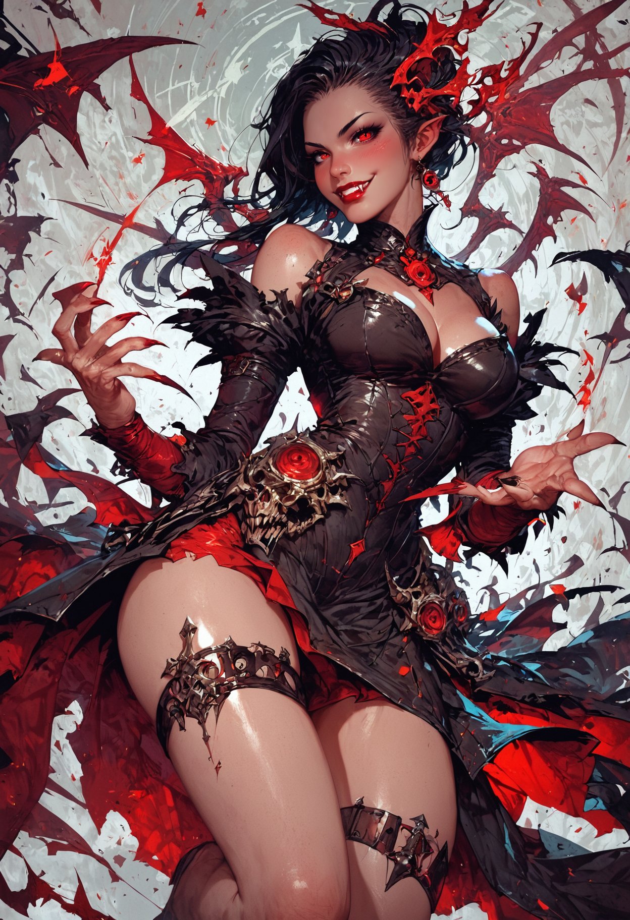 (score_9, score_8_up), score_7_up, zPDXL, solo,  <lora:MythAnim3Style:0.8>, MythAn1m3, source_anime, 1girl, vampire, dark dress, thigh strap, red lips, blush, smile, black hair, red eyes,fantasy,solo focus,epic, dynamic angle, concept art, realistic, highly detailed