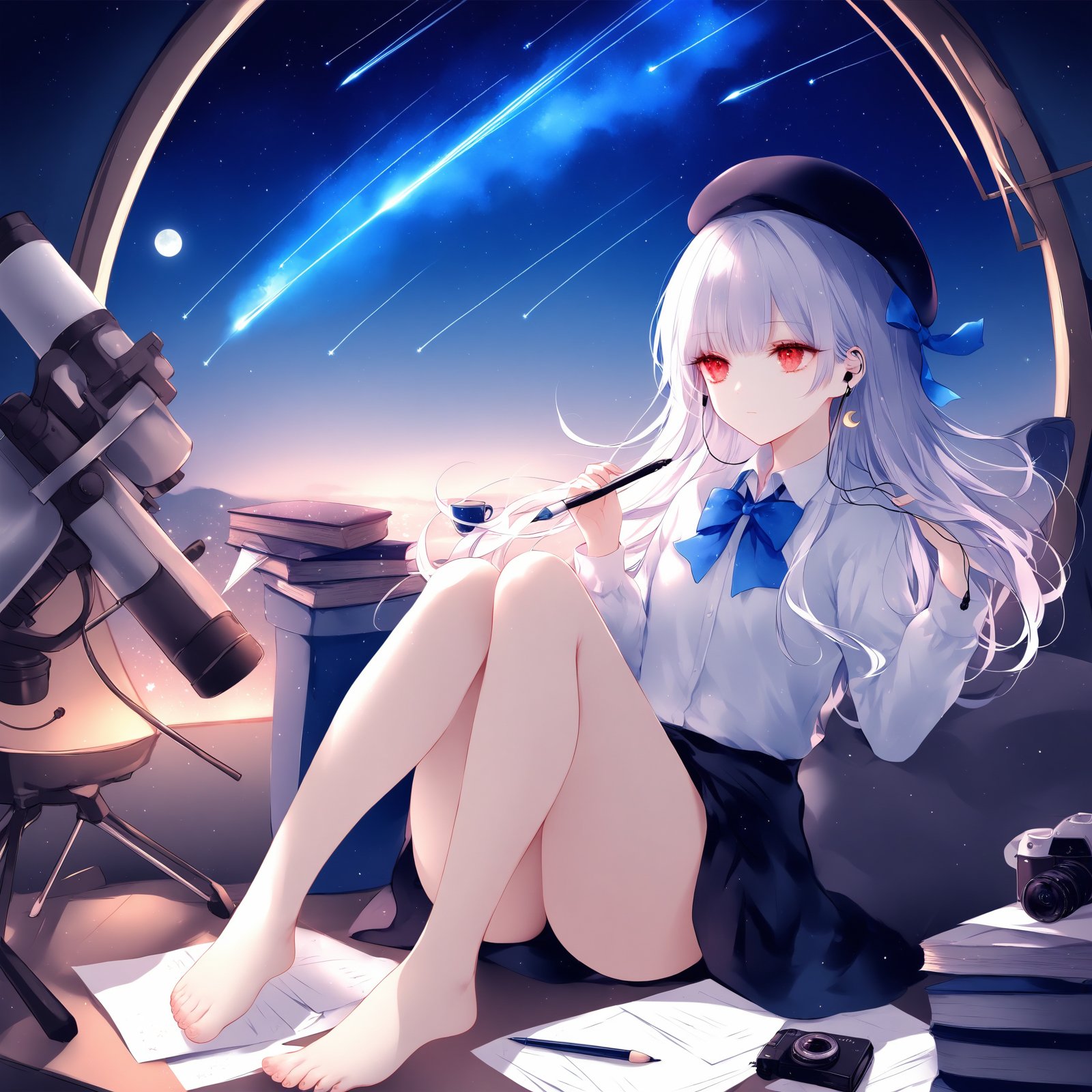 (masterpiece),(best quality),illustration,ultra detailed,hdr,Depth of field,(colorful),loli,[Artist wlop],[[Artist sheya]],Artist hiten_(hitenkei),nai3 Style,loli,1girl,solo,telescope,red eyes,barefoot,white hair,long hair,shirt,star \(sky\),white shirt,holding,sitting,hat,night,sky,starry sky,night sky,shooting star,long sleeves,earphones,meteor shower,cup,bow,bare legs,knees up,book,paper,constellation,moon,blue bow,palette \(object\),bowtie,black headwear,beret,feet,toes,thighs,collared shirt,closed mouth,heart,crescent moon,paintbrush,blue bowtie,camera,pen,legs,pencil,envelope,no pants,