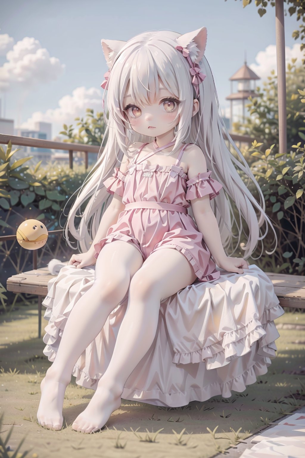 (loli:1.3),(very_long_hair,:1.3),1girl, pink hair, fruit, food, eyewear on head, flower, sunglasses, watermelon, solo, sunflower, sandals, shorts, (hammock:1.3), looking at viewer, animal ears, water, yellow eyes, ball, sitting, official alternate costume, swimsuit, (pink tail:1.1), bikini, full body, cat ears, jewelry, thigh strap, beachball, masterpiece, best quality,