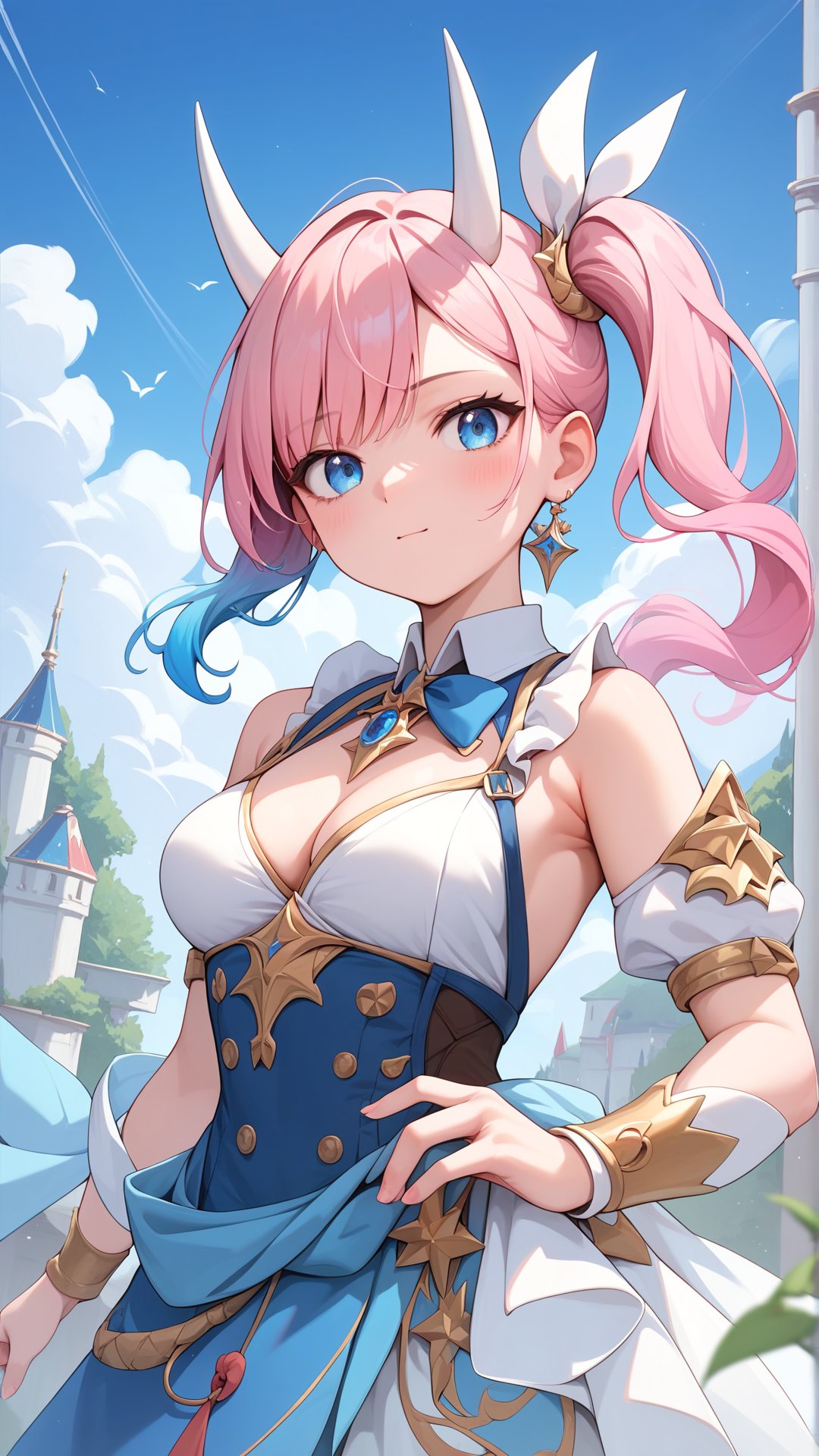 Score_9, score_8_up, score_7_up, masterpiece, best quality, 1girl, blue eyes, (Gradient hair:1.1), White horns, Side ponytail, (Medium breasts:1.0), Light Pink hair with blue hair tips