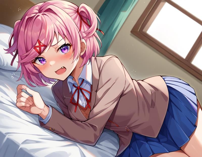 score_9, score_8_up, score_7_up, source_anime,ddlcnatsuki, <lora:ddlc-natsuki-ponyxl-lora-nochekaiser:1>ddlcnatsuki, fang, hair ornament, pink hair, purple eyes, short hair, short sidetail, swept bangs, x hair ornament,blazer, blue skirt, brown jacket, collared shirt, jacket, long sleeves, miniskirt, neck ribbon, pleated skirt, red ribbon, ribbon, school uniform, shirt, skirt, swept bangs, vest, white shirt, wing collar, x hair ornament,indoors, bed, bed room, on side, blush, drunk,looking at viewer, dutch angle, cowboy shot, 