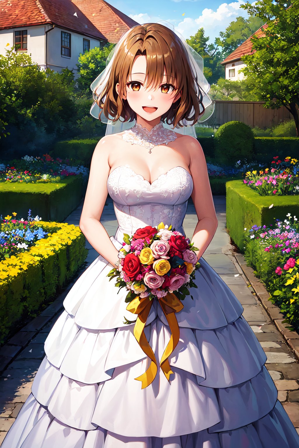 masterpiece, best quality, highres, 1girl, solo, short hair, brown hair, brown eyes, breasts, <lora:momioka_risa_v1:0.7>, white dress, wedding dress, standing, cowboy shot, outdoors, garden, smile, open mouth, confetti, holding bouquet, 