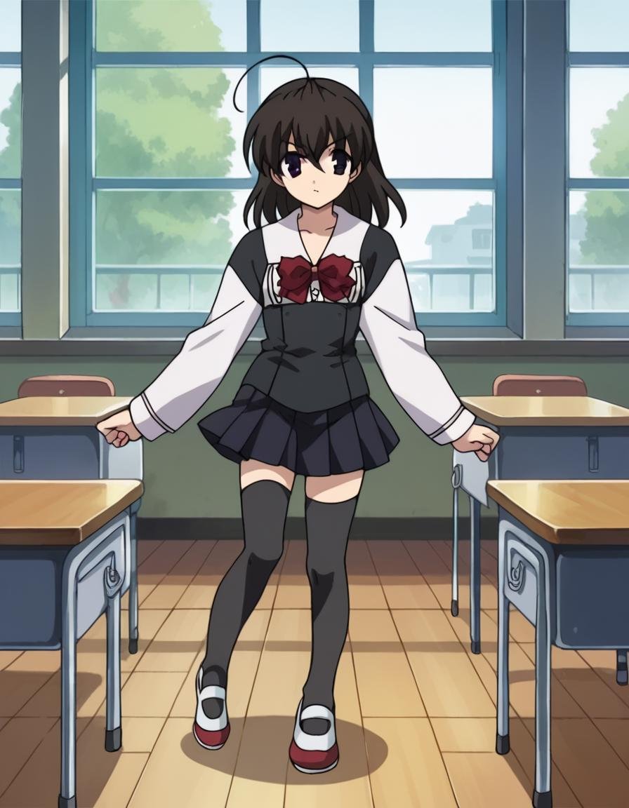 score_9, score_8_up, score_7_up, source_anime,sekaisaionji, <lora:sekai-saionji-ponyxl-lora-nochekaiser:1>,sekai saionji, black hair, brown eyes, ahoge,skirt, thighhighs, school uniform, shoes, black thighhighs, zettai ryouiki,indoors, classroom,looking at viewer, cowboy shot, dynamic pose,