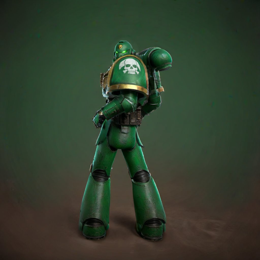 a green spacemarine robot, looking over his shoulder, dust, skulls <lora:SpaceMarine1024:0.8>