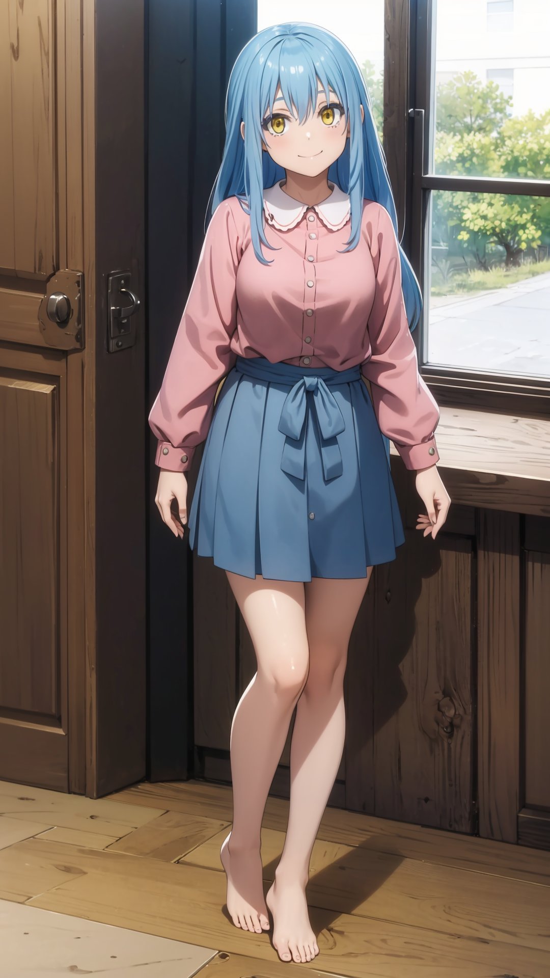 (masterpiece, best quality), ray tracing, absurdres, HDR,rimuru clothes, long hair, blue hair, yellow eyes, shirt, closed mouth, red shirt, 1girl, large breats,, rimuru tempest, skirt, bangs, pink shirt, smile, solo, hair between eyes, grey skirt, long sleeves, collared shirt, ,blush ,looking at viewer,indoors,barefoot,full body,   <lora:rimuru_clothes01:0.7>