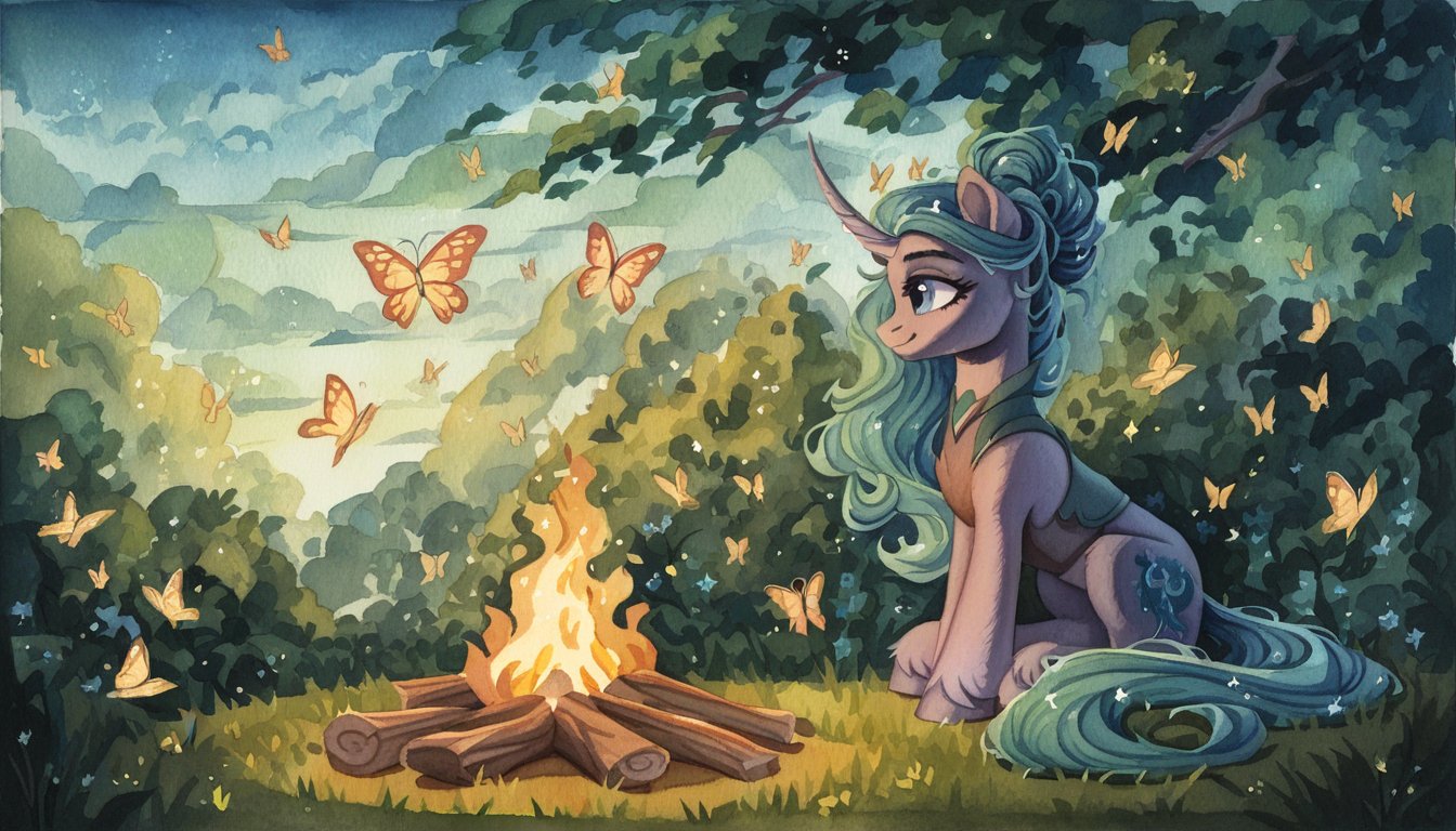 score_9, score_8_up, score_7_up, score_6_up, score_5_up, score_4_up, rating_safe, mistmane, butterfly, female, mare, pony, solo, unicorn, clothes, g4, high res, horn, scenery, sitting, curved horn, campfire tales, watercolor painting, traditional art, detailed, beautiful, <lora:MLP_Watercolor_Painting_v1-000006:1>