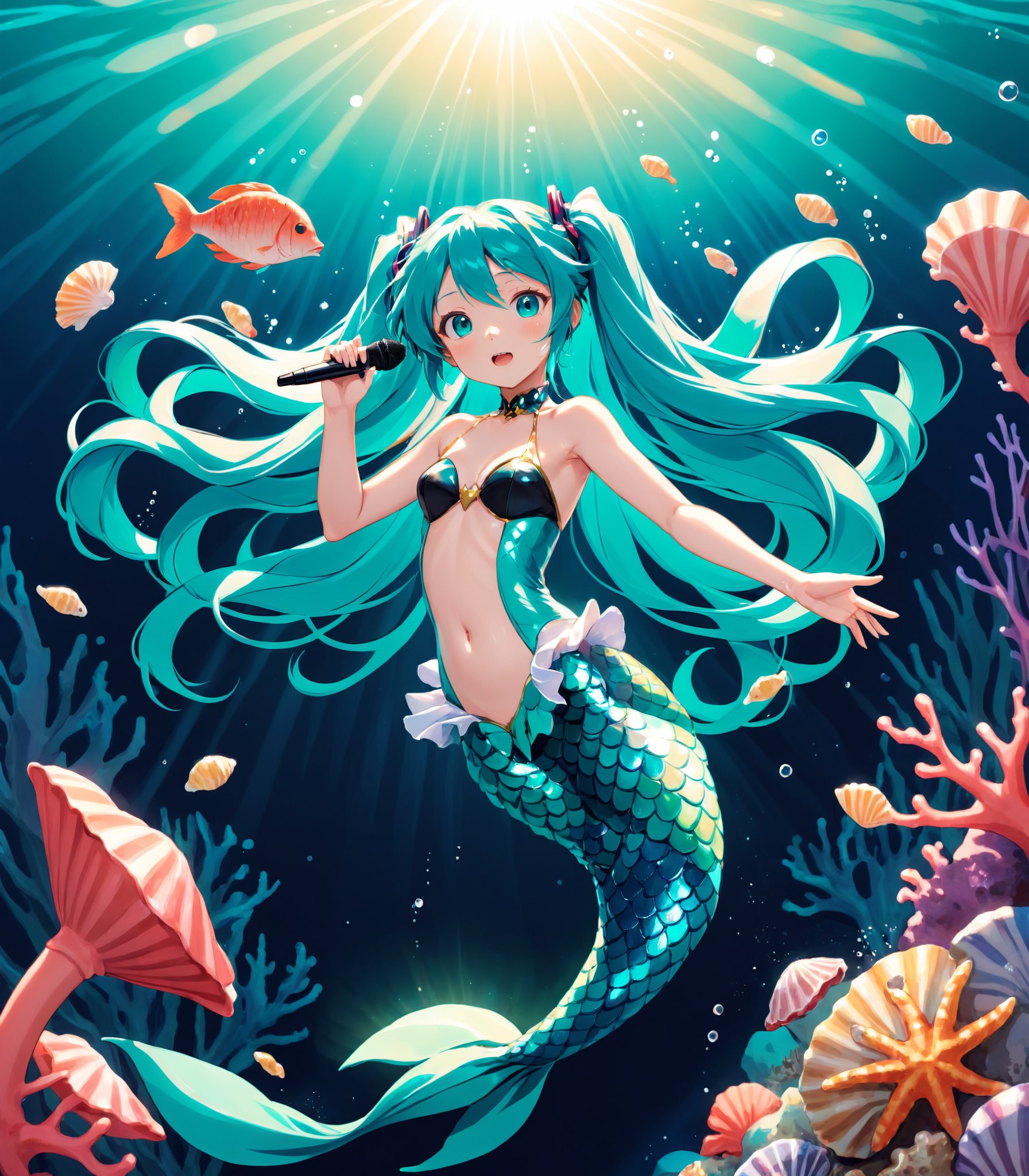 Illustration of Hatsune Miku as a mermaid swimming gracefully in the deep sea, with her turquoise tail shimmering in the sunlight and long teal hair flowing around her. She holds a microphone made of seashells and sings as colorful fish and sea creatures dance around her in the vibrant coral reef background. 