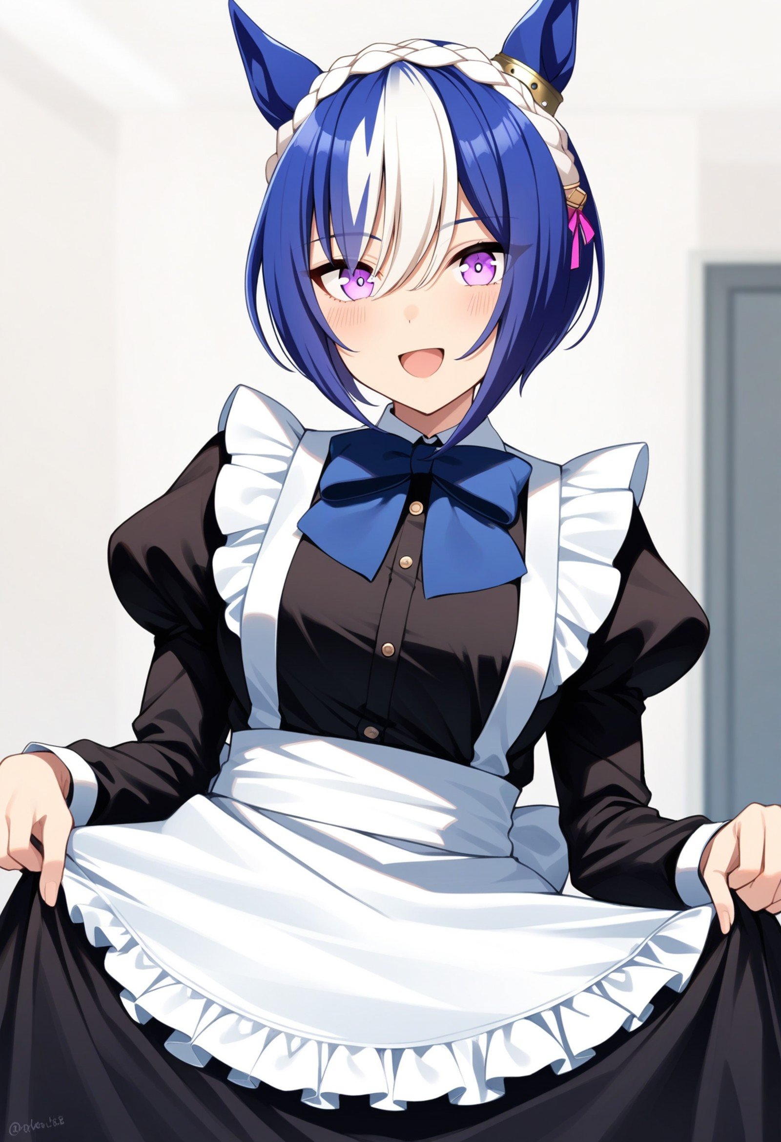 cesario \(umamusume\), breasts, looking at viewer, solo, blue bowtie, skirt hold, crown braid, ear ornament, juliet sleeves, maid apron, smile, blush, maid headdress, frills, enmaided, open mouth, puffy sleeves, indoors, white apron, black dress, long sleeves, alternate costume, purple bowtie, masterpiece, best quality, very aesthetic, absurdres<lora:UmaDiffusionXL_UAF-000010:0.7>