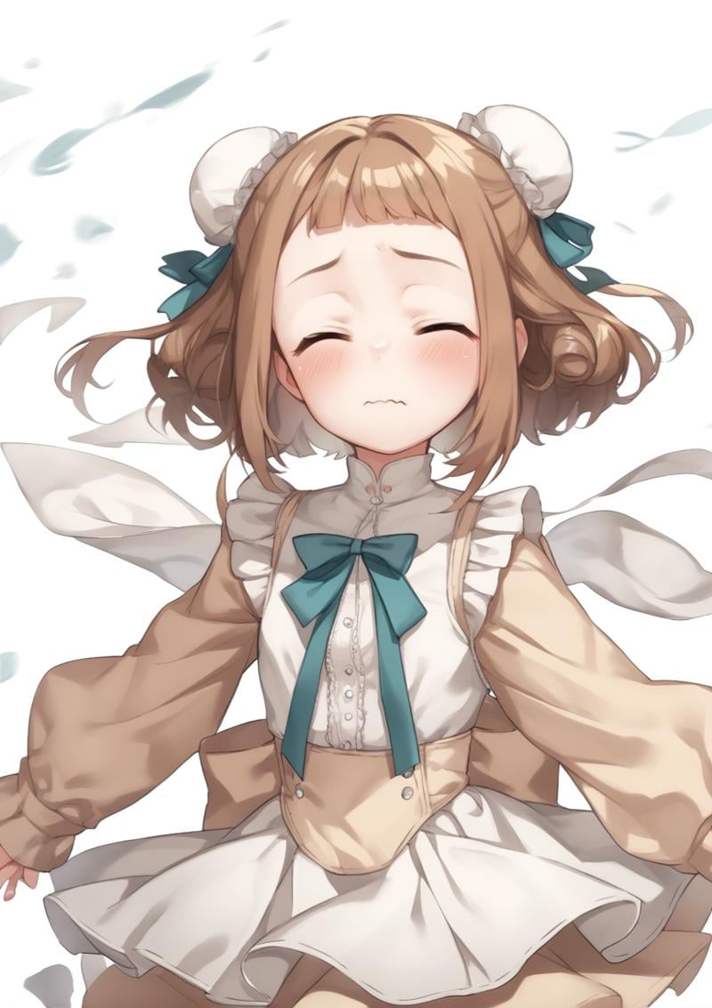 1girl black_bow black_dress blush bow brown_eyes brown_hair closed_mouth double_bun dress frilled_dress frills hair_bun ha...