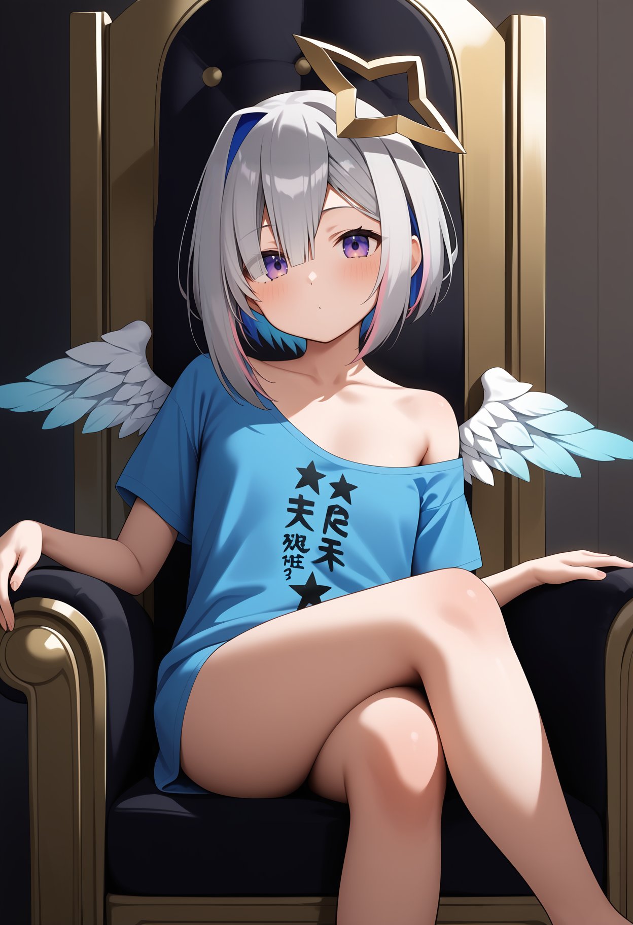 score_9, score_8_up, score_7_up, score_6_up, score_5_up, score_4_up, source_anime, aakanata, short hair, multicolored hair, grey hair, yellow halo, purple eyes, wings, collarbone, off shoulder, t-shirt, blue shirt, naked shirt, clothes writing, short sleeves, <lora:amane_kanata_ponyxl_v1:0.9>, sitting, throne, crossed legs, 