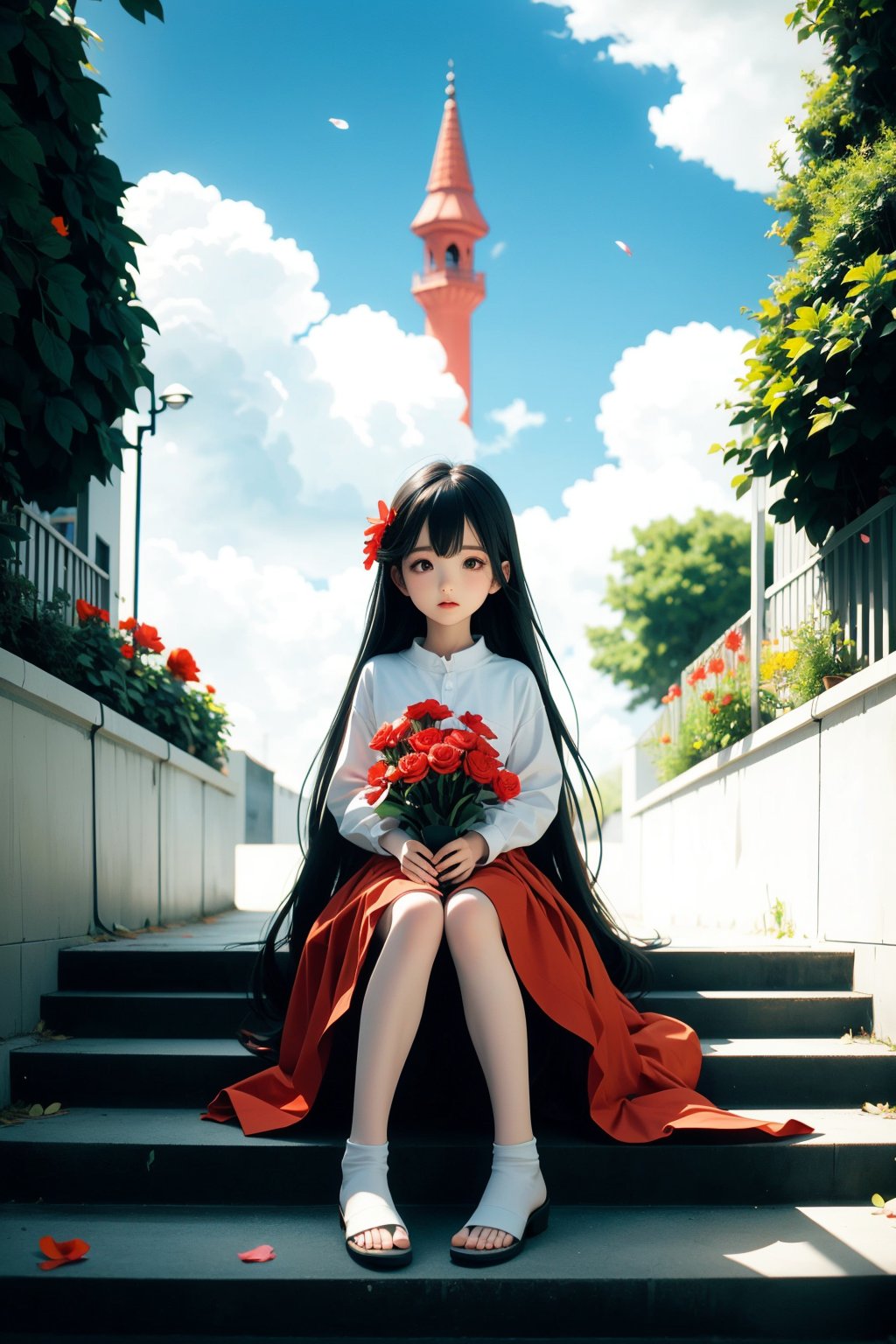 .,(loli:1.5),(5yo:1.5),(very_long_hair,:1.3),(masterpiece),(best quality),loli,1girl,apple,blonde_hair,blood,book,bouquet,building,camellia,castle,cloud,cross,defloration,dress,falling_petals,flower,hibiscus,holding_flower,leaf,long_hair,orange_flower,outdoors,petals,pink_rose,plant,red_flower,red_rose,rose,rose_petals,sitting,sky,spider_lily,stairs,strawberry,thorns,tombstone,tower,tulip,vase,vines,watering_can,wind,