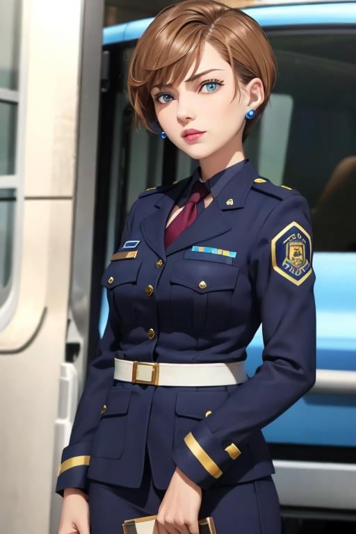 1girl, sxtopaz, short hair, brown hair, blue eyes, earrings, lipstick, police uniform <lora:topaz-officer-v1:0.7>