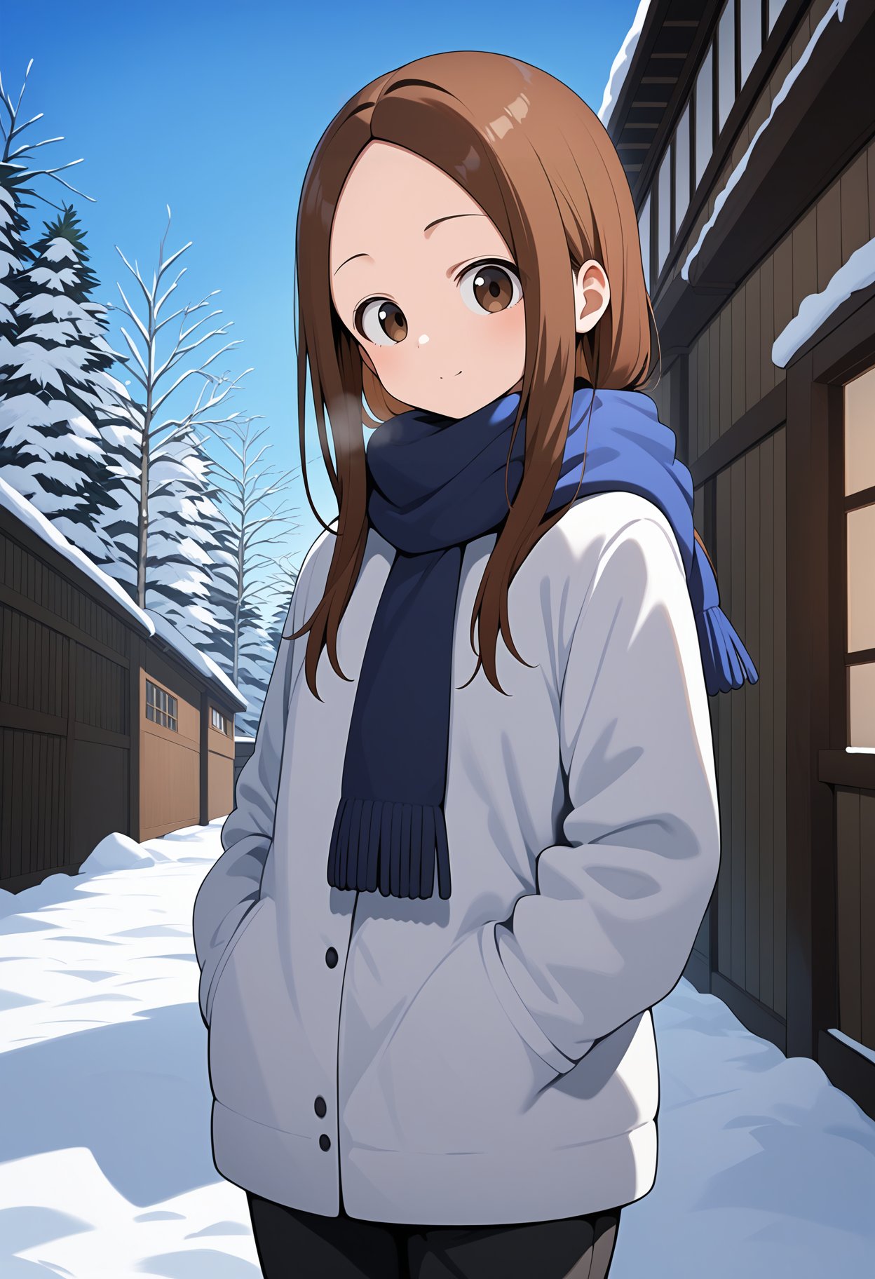 score_9, score_8_up, score_7_up, score_6_up, score_5_up, score_4_up, source_anime, aatakagi, solo, long hair, brown hair, parted bangs, <lora:takagi-san_ponyxl_v1:0.9>, winter clothes, snow, outdoors, standing, cowboy shot,