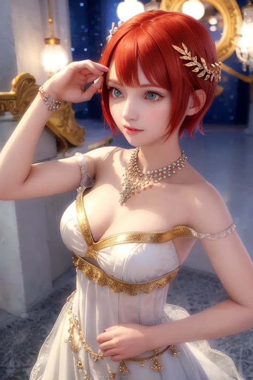 1girl, princess_elise, short hair, parted hair, red hair, blue eyes, hair ornament, necklace, white dress, long dress, , look at viewer <lora:princess_elise:0.6>