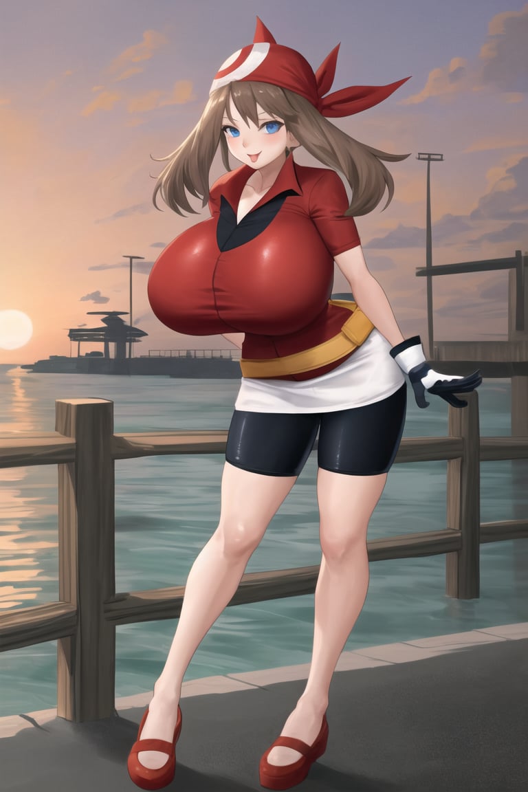 masterpiece, high quality, 1girl, gigantic breasts, \:p, aroused, standing on one leg, soft focus, feet out of frame, sunrise, pier, <lora:may-RS>may-rs, brown hair, blue eyes, bandana, collared shirt, two-tone gloves, fanny pack, bike shorts