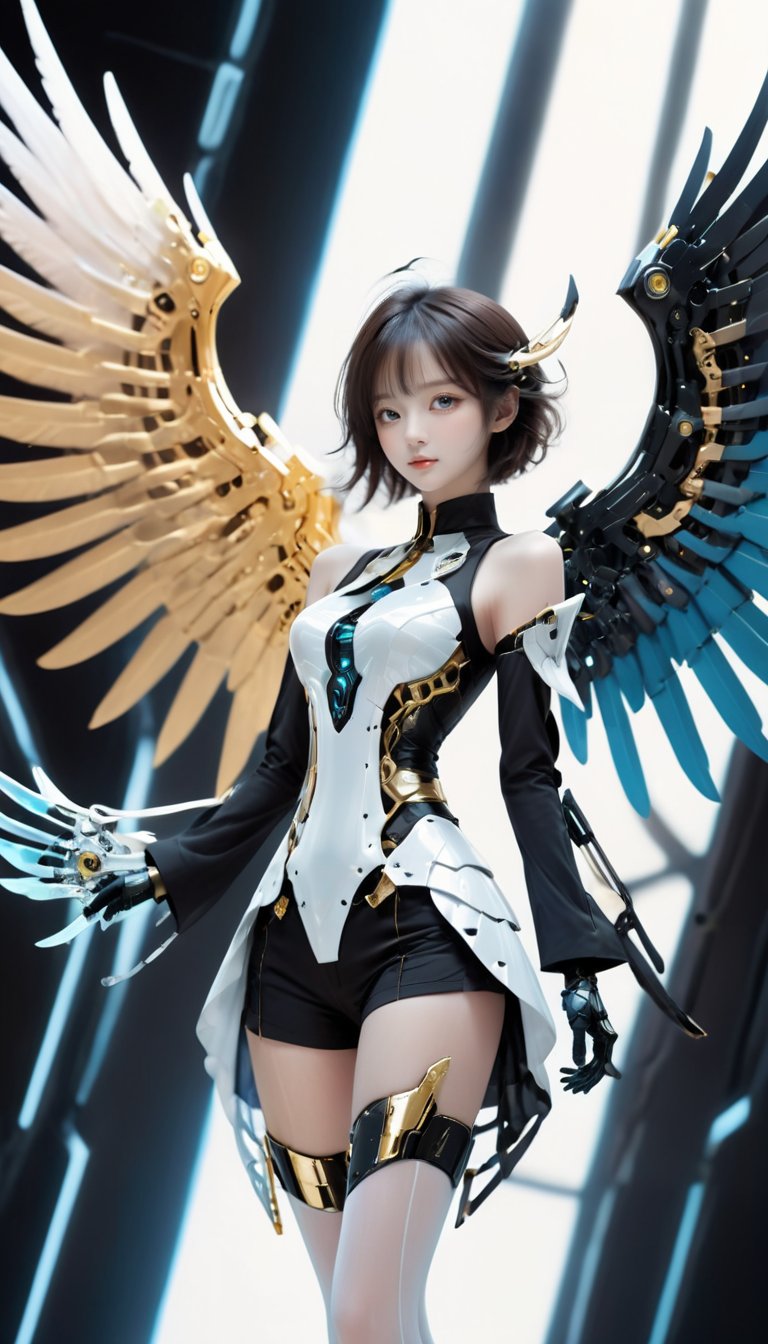 <lora:xl-shanbailing-0112yin_yang:0.9>,(1girl:1.2),wings,(solo:1.2),color patches,left and right different colors,contrast,with a futuristic wing,mechanical wings,wings,science fiction,eyeshadow,single mechanical arm,gloves,mecha musume,cowboy shot,left black right white,black,gold,silk stockings,