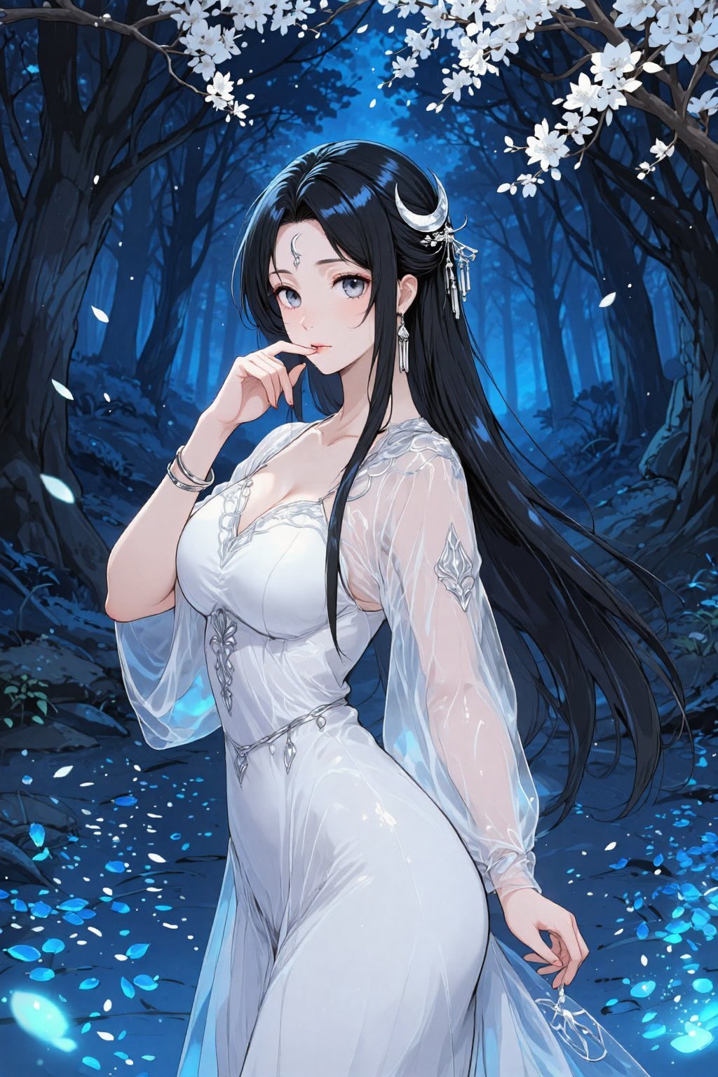 a beautiful East Asian woman in a fantasy forest setting at night. She has long,  straight,  jet-black hair adorned with a...