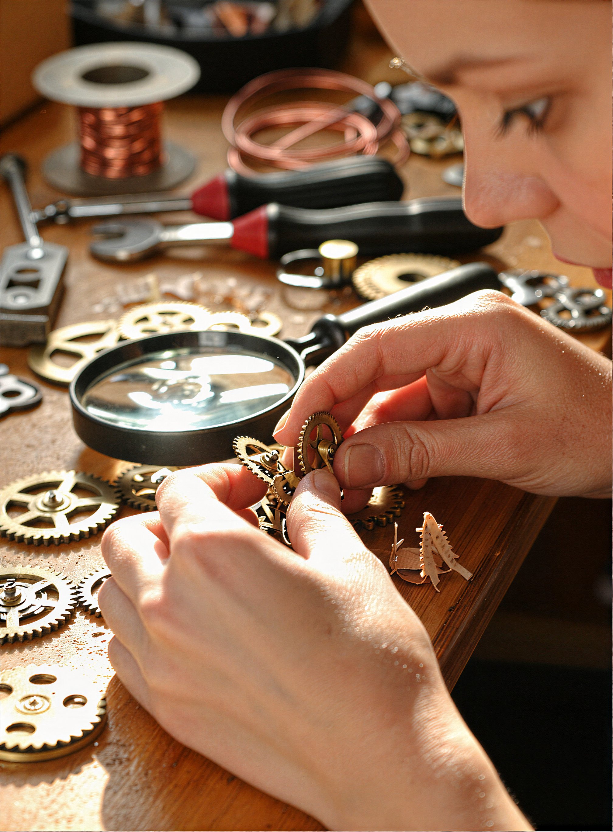 The Clockmaker’s hands,  anatomically precise with textured knuckles and faint calluses,  deftly manipulate an array of br...