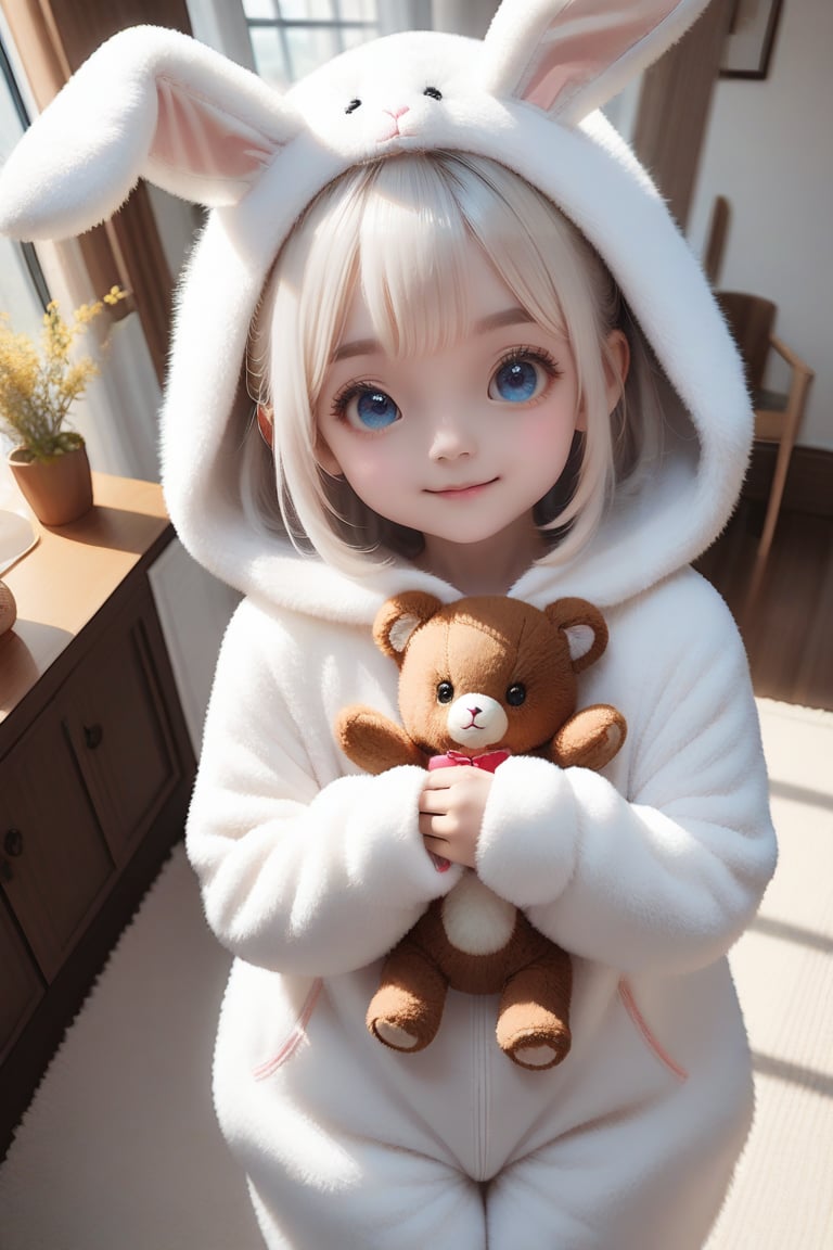 1girl,cocoart,photo real,realistic,indoor,house,light smile,holding teddy bear,white hair,blue eyes,white clothes,kigurumi,rabbit fake ears,bow,above angle,fluffy,present,