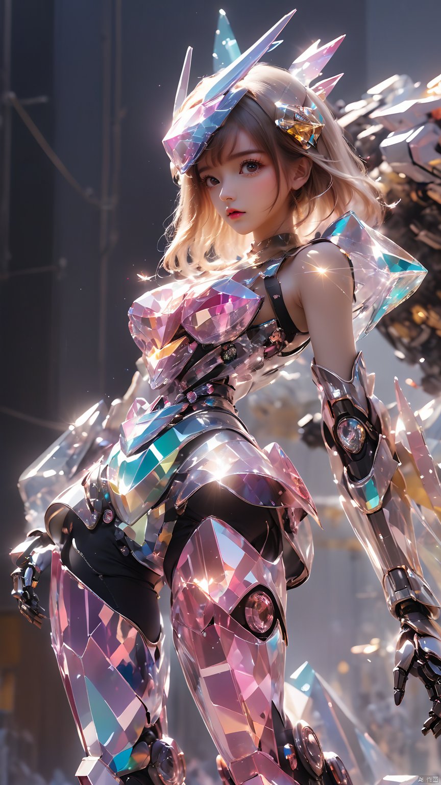 (masterpiece, best quali),1girl,wearing colorful crystal mecha,multi-light crystal mecha,crystal mecha helmet,crystal mechanical shoes,dynamic posture,complex crystal structure,multi-crystal,dynamic_angle,cinematic_angle,from_below,mecha<lora:EMS-303442-EMS:0.500000>, <lora:EMS-303786-EMS:0.600000>, <lora:EMS-64896-EMS:0.500000>