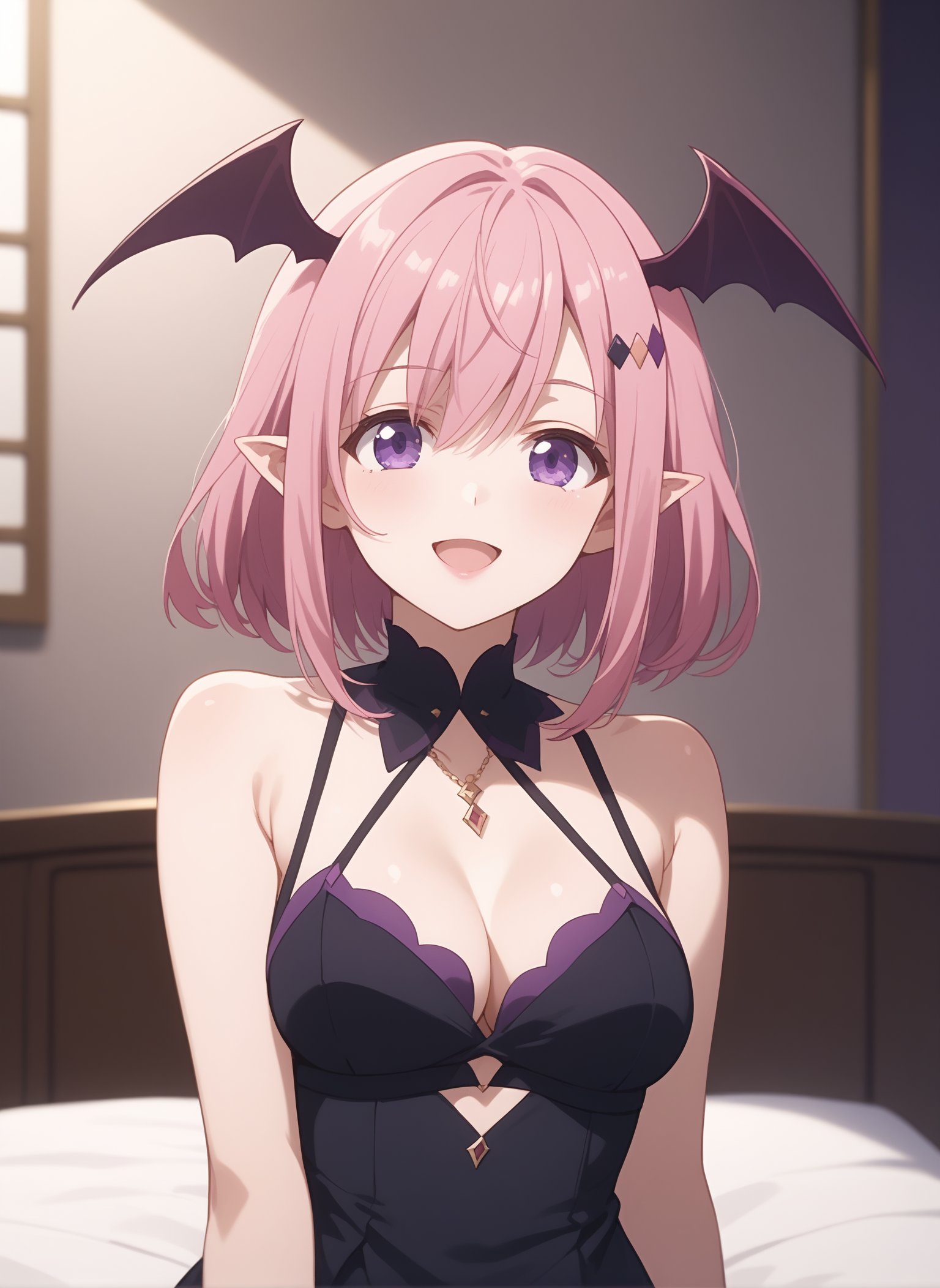 score_9, score_8_up, score_7_up, intricate details, source_anime, intricate details, highly detailed background, perfect lightingbest quality, ginnyfindesalva, solo, indoors, bedroom, demon girl, pink hair, head wings, bat wings, hair between eyes, hairclip, medium hair, purple eyes, pointy ears, medium breasts, black dress, sleeveless dress, cleavage, bare shoulders, smile, open mouth, :d, pink lips, <lora:Ginny-Fin-de-Salva-PonyXL-05:0.7>