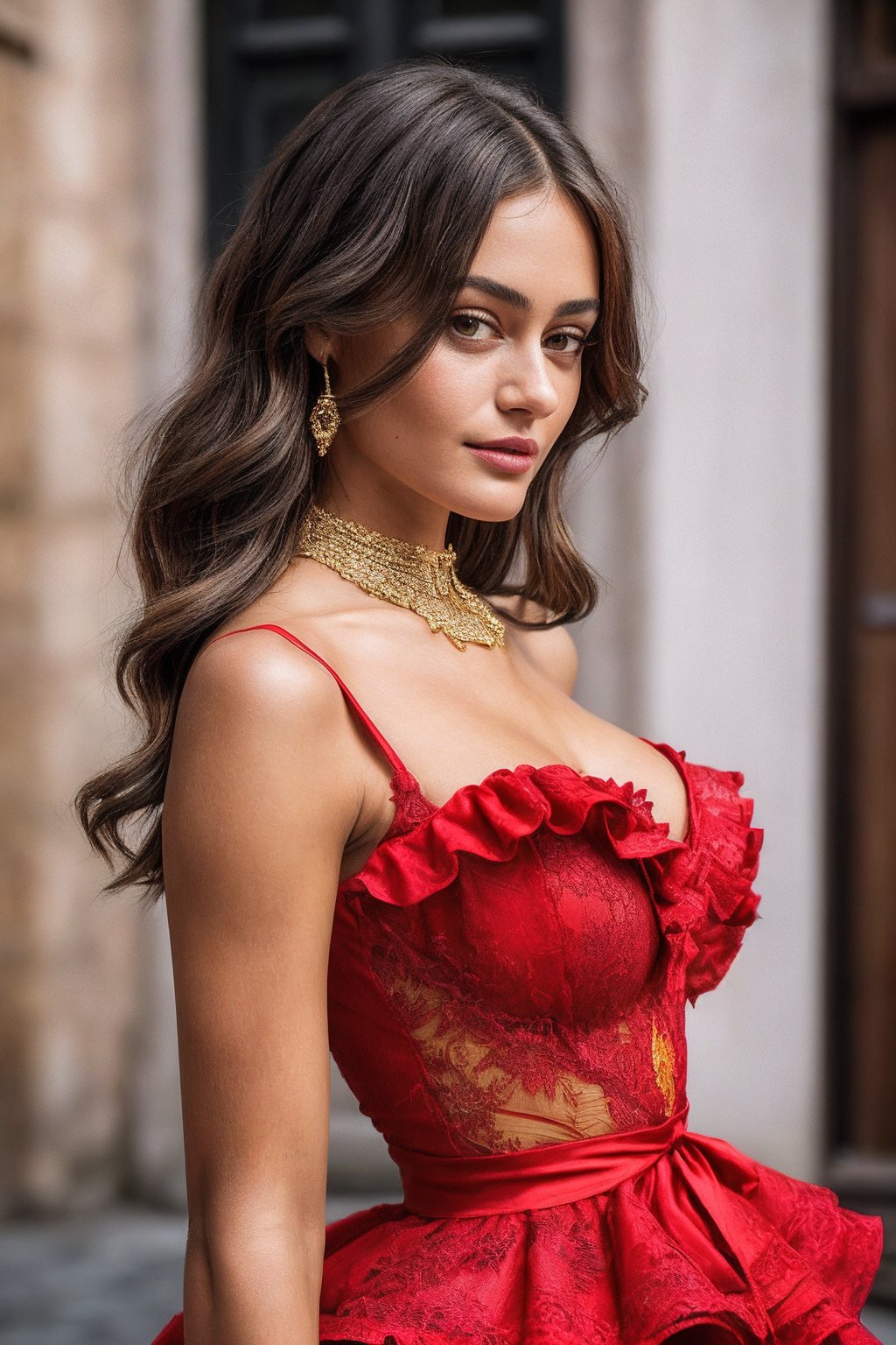 EllaP_SoloTI_v1,  (In a traditional Flamenco dress of deep red and black,  adorned with ruffled layers and intricate lace...