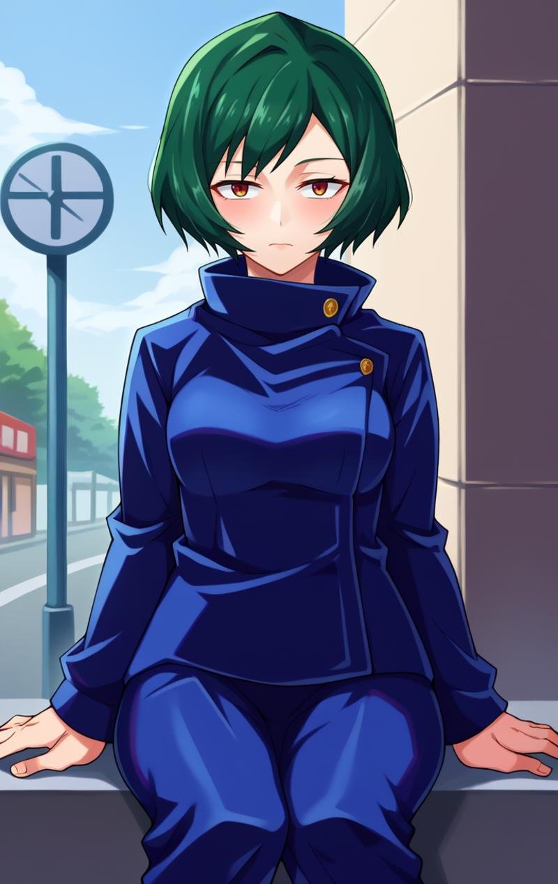 score_9,score_8_up,score_7_up BREAK <lora:Mai:1>,MaiZeninSDXL,1girl,solo,short hair,brown eyes,school uniform,high collar,gakuran,green hair,pants,cowboy shot,street background, sitting,