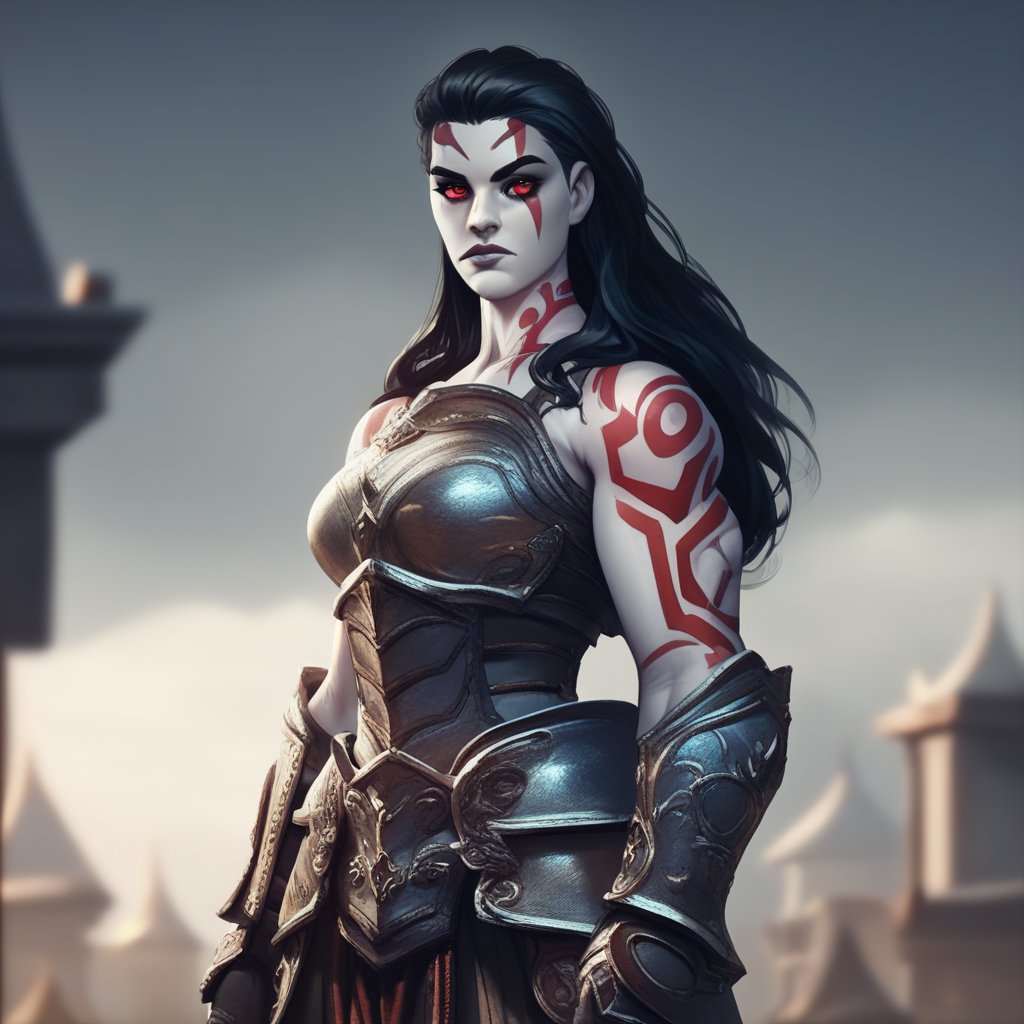 (((beautiful, high quality))), score_9, score_8_up, score_7_up, Goliath, gray skin, tall, muscular, no tattoo, 1girl, long black hair, red eyes, red tattoos, armor, fantasy background, blurred background,